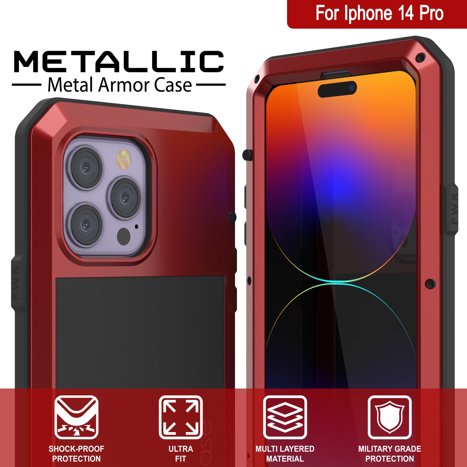 iPhone 14 Pro Metal Case, Heavy Duty Military Grade Armor Cover [shock proof] Full Body Hard [Red]