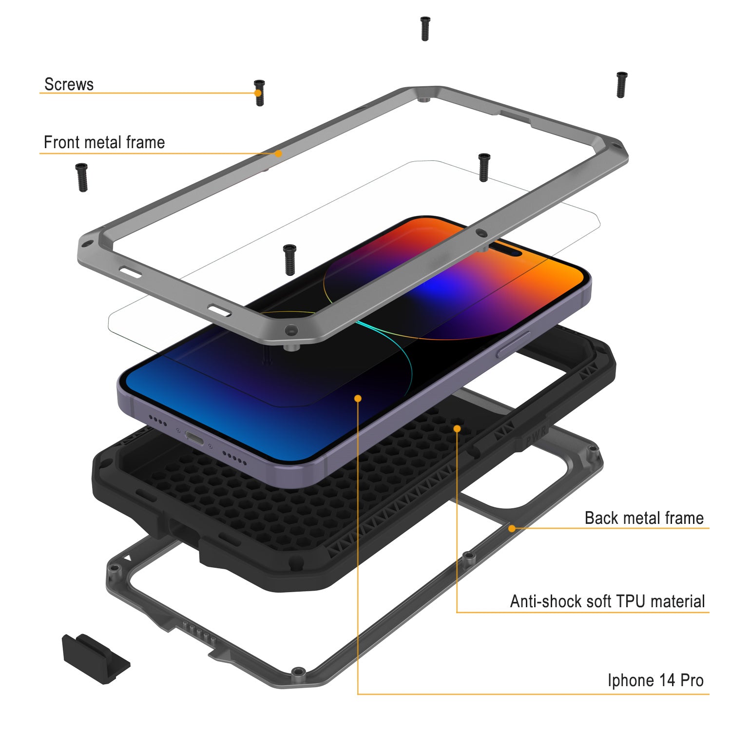 iPhone 14 Pro Metal Case, Heavy Duty Military Grade Armor Cover [shock proof] Full Body Hard [Silver]