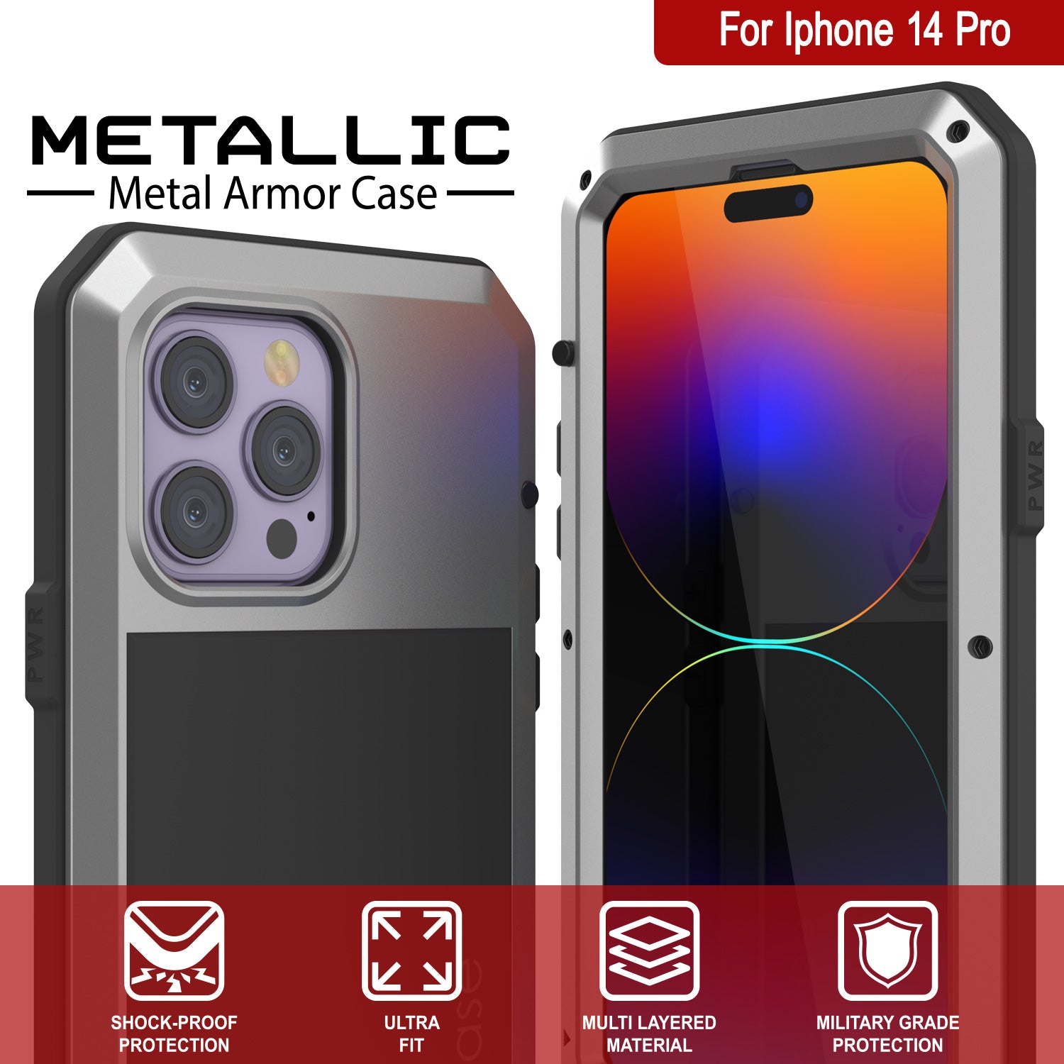 iPhone 14 Pro Metal Case, Heavy Duty Military Grade Armor Cover [shock proof] Full Body Hard [Silver]