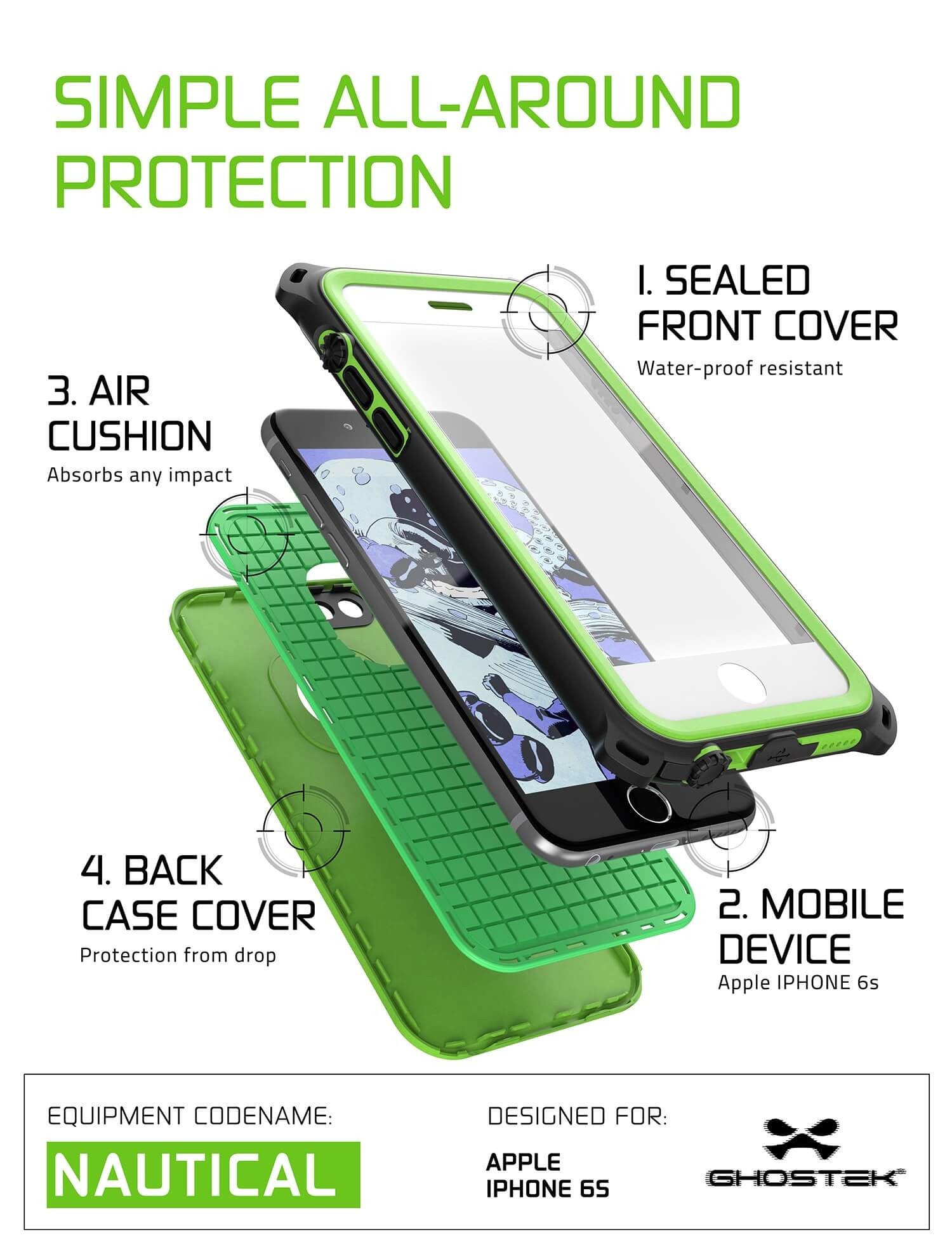 iPhone 6S/6 Waterproof Case, Ghostek® Nautical Green Series| Underwater | Aluminum Frame | Ultra Fit