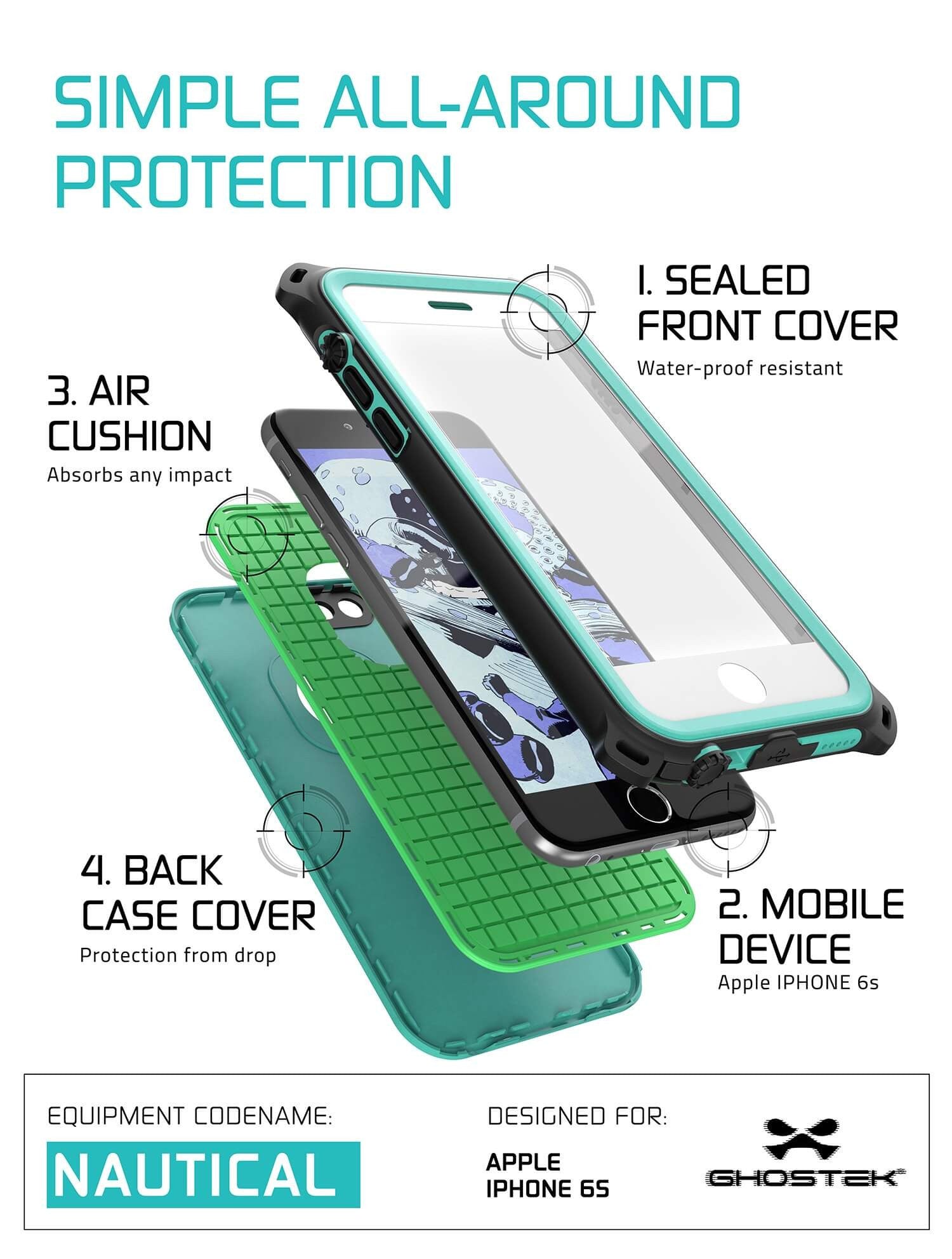 iPhone 6S/6 Waterproof Case, Ghostek® Nautical Teal Series| Underwater | Aluminum Frame | Ultra Fit