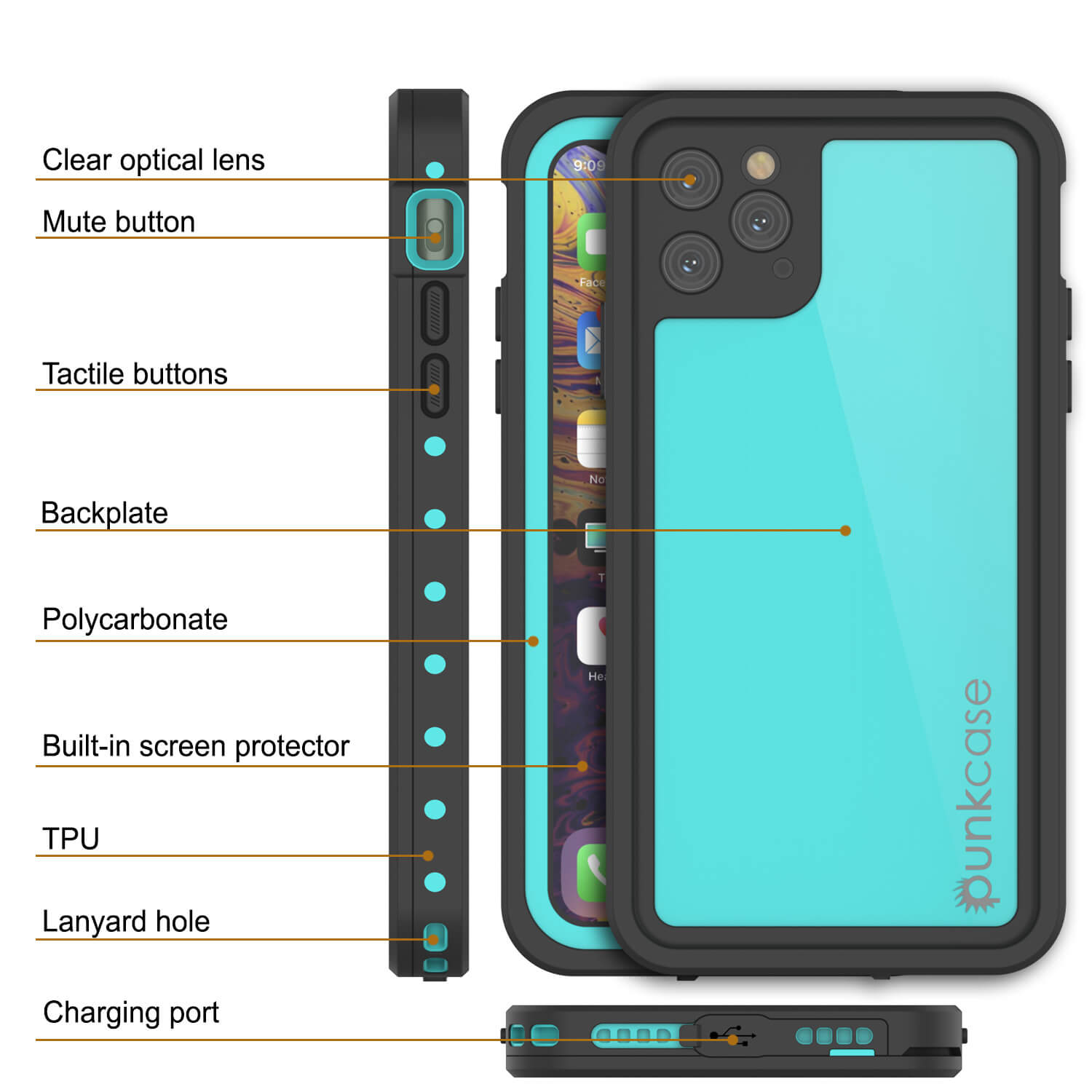 iPhone 11 Pro Max Waterproof IP68 Case, Punkcase [Teal] [StudStar Series] [Slim Fit]