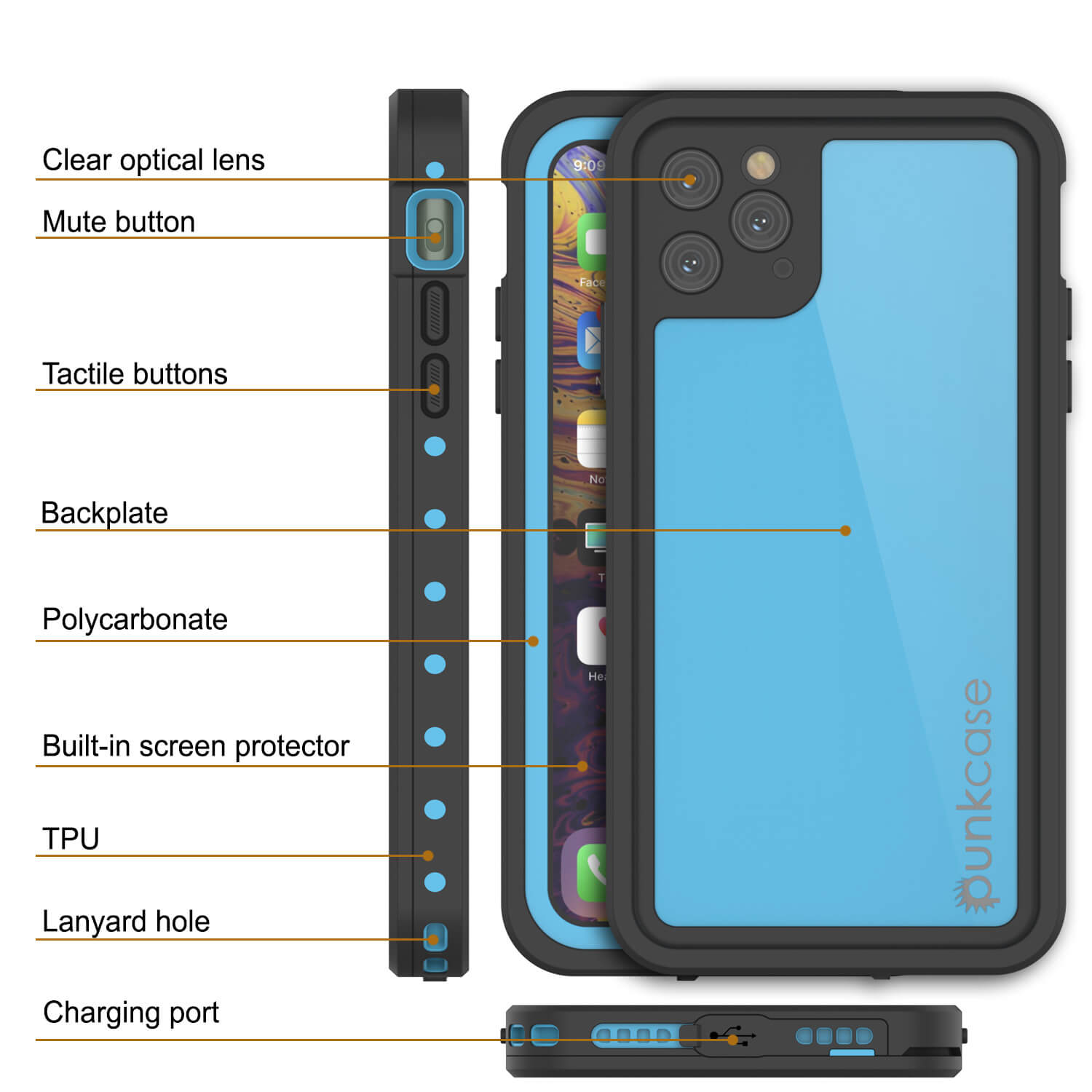 iPhone 11 Pro Max Waterproof IP68 Case, Punkcase [Light blue] [StudStar Series] [Slim Fit] [Dirtproof]