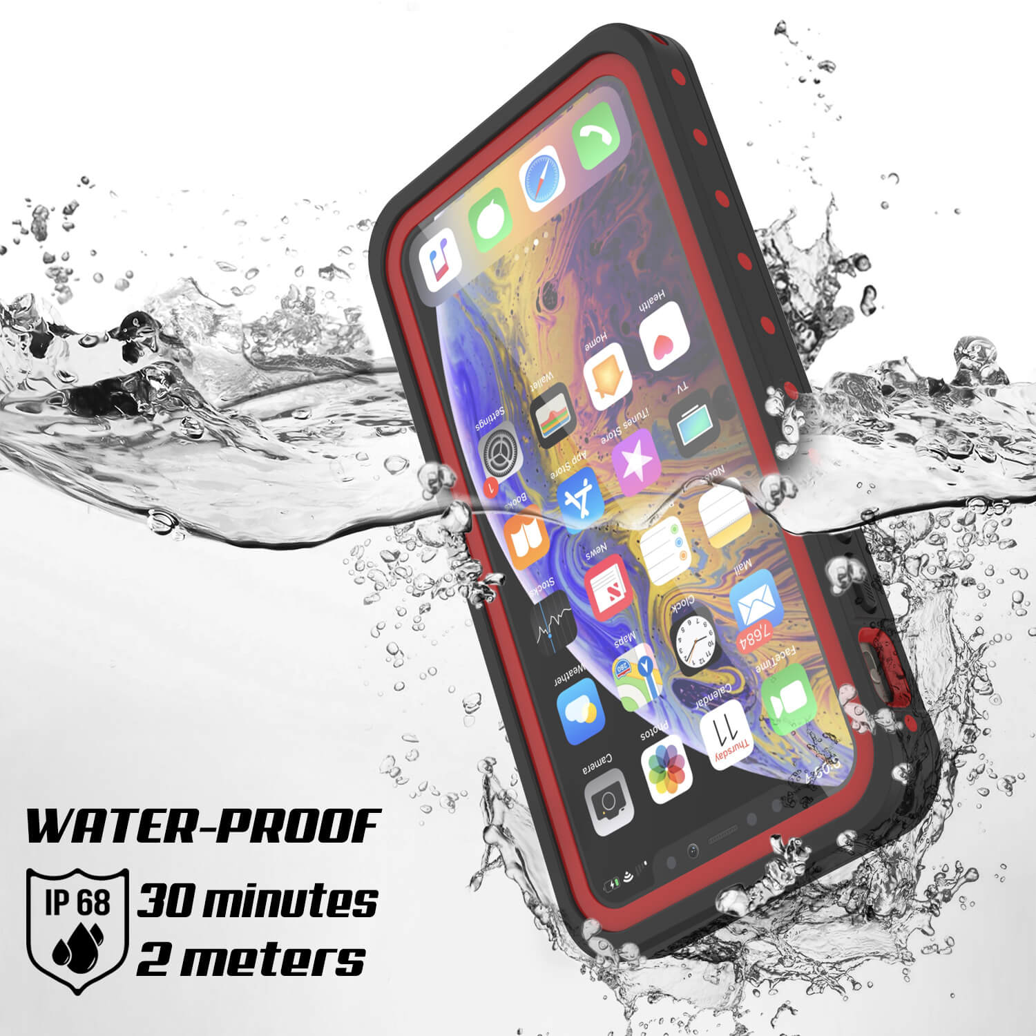 iPhone 11 Pro Max Waterproof IP68 Case, Punkcase [Red] [StudStar Series] [Slim Fit]