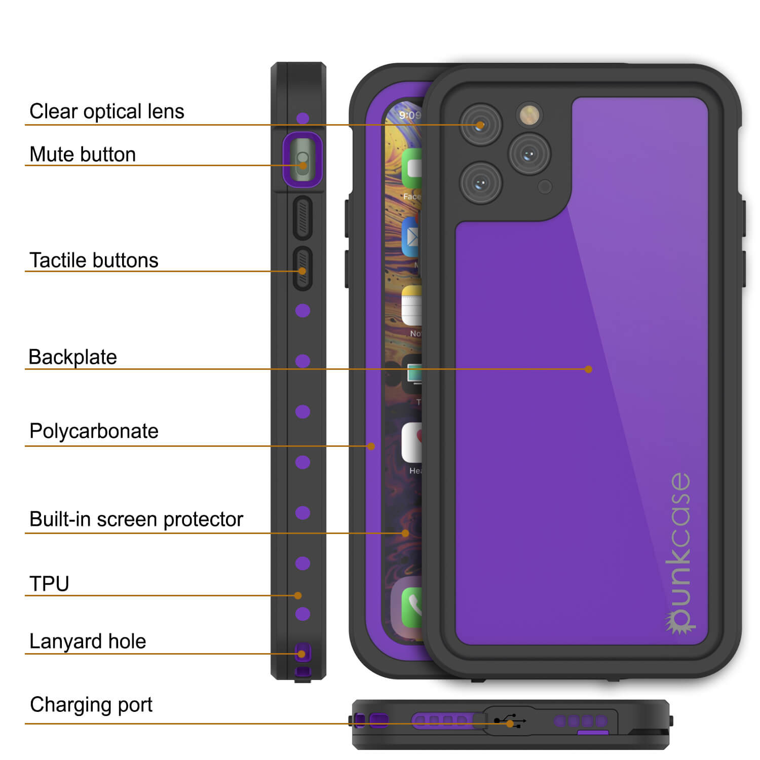 iPhone 11 Pro Max Waterproof IP68 Case, Punkcase [Purple] [StudStar Series] [Slim Fit] [Dirtproof]