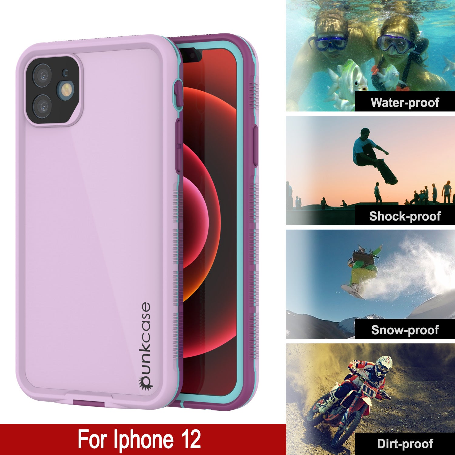 Punkcase iPhone 12 Waterproof Case [Aqua Series] Armor Cover [Purple]