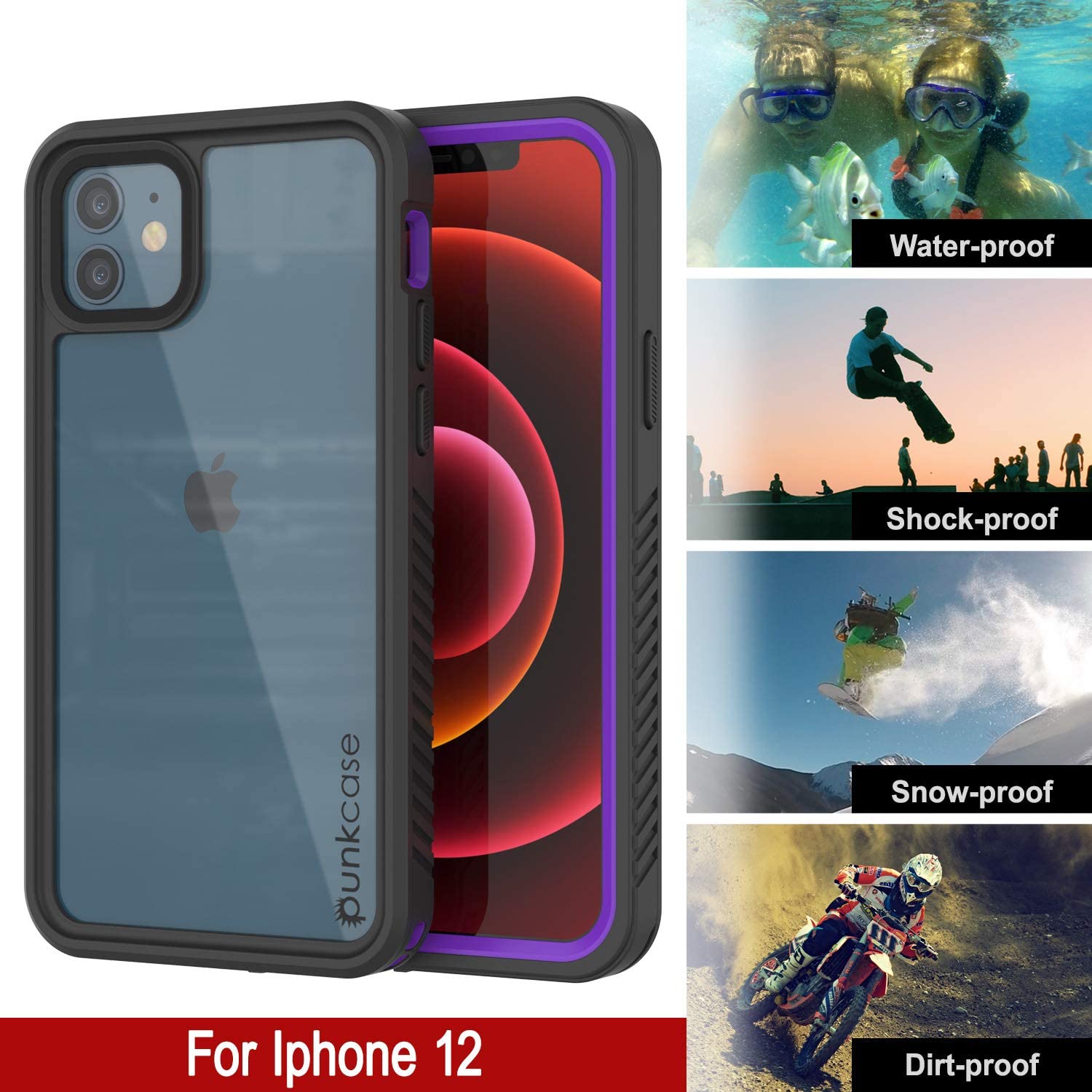 iPhone 12  Waterproof Case, Punkcase [Extreme Series] Armor Cover W/ Built In Screen Protector [Purple]