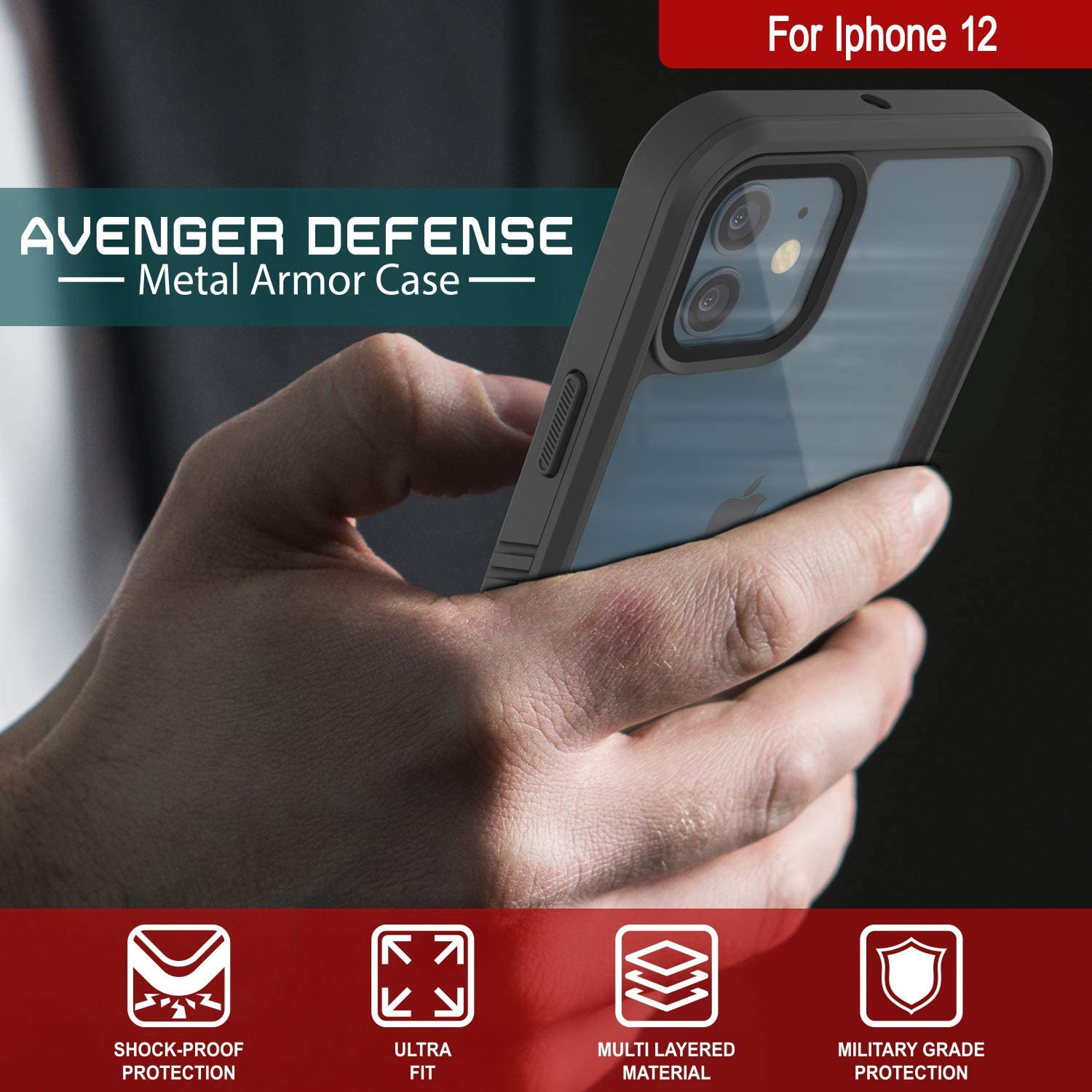 iPhone 12  Waterproof Case, Punkcase [Extreme Series] Armor Cover W/ Built In Screen Protector [Red]