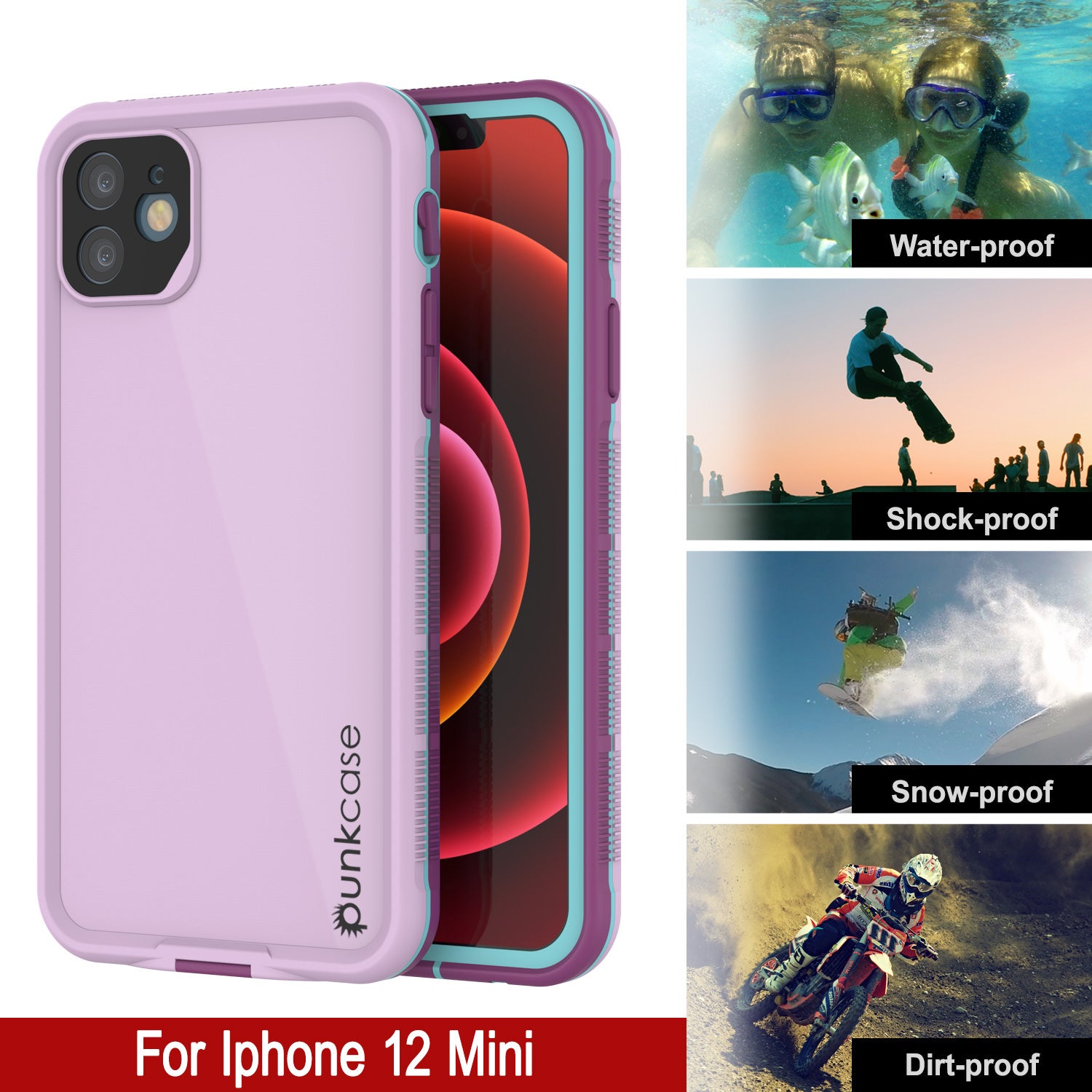 Punkcase iPhone 12 Mini Waterproof Case [Aqua Series] Armor Cover [Purple]