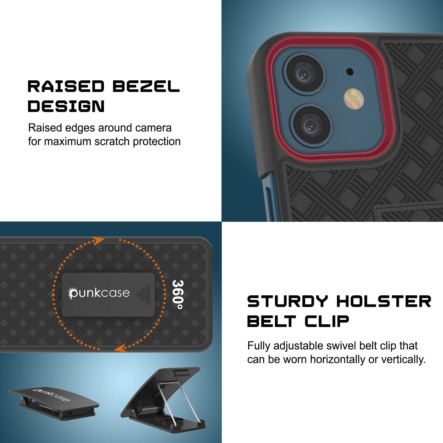 Punkcase iPhone 12 Mini Case With Tempered Glass Screen Protector, Holster Belt Clip & Built-In Kickstand [Black]