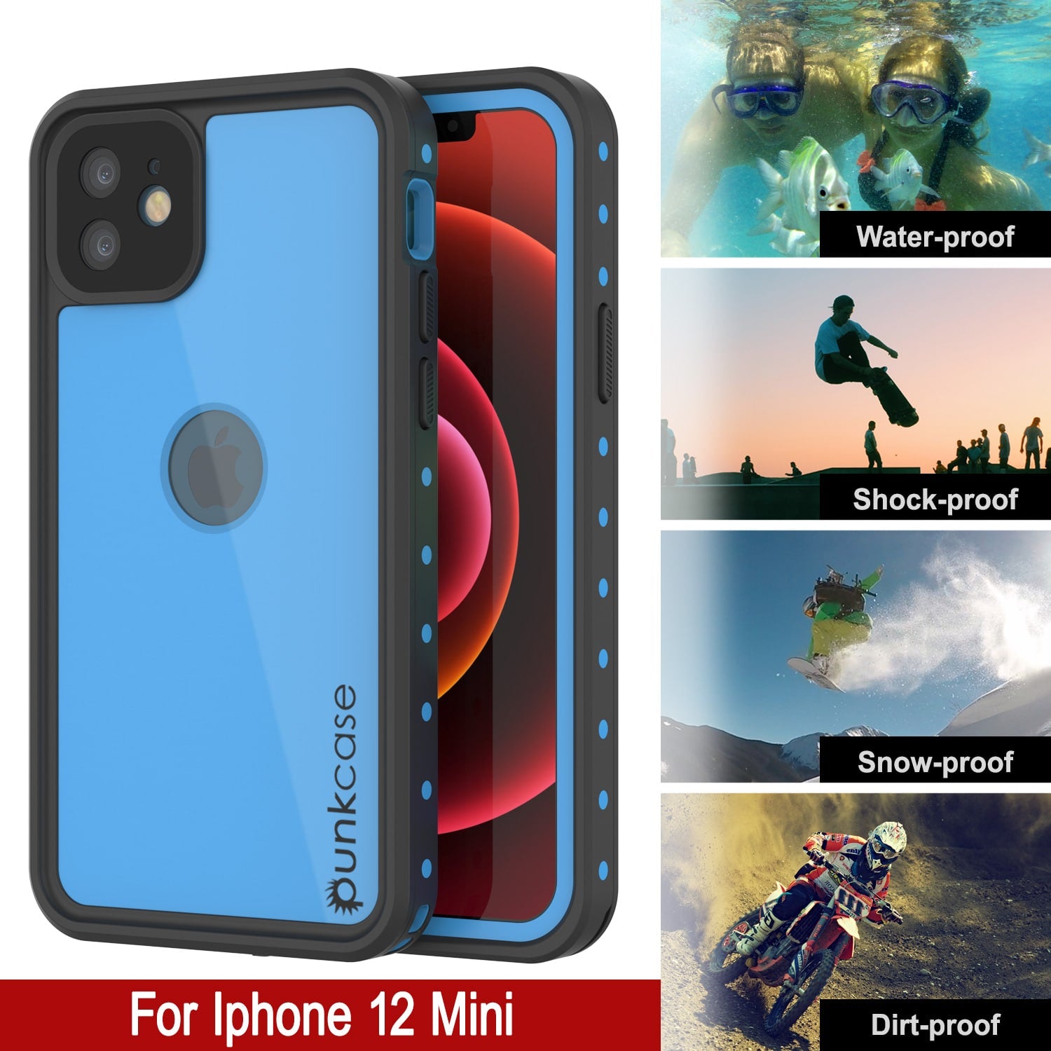 iPhone 12 Mini Waterproof IP68 Case, Punkcase [Light blue] [StudStar Series] [Slim Fit] [Dirtproof]