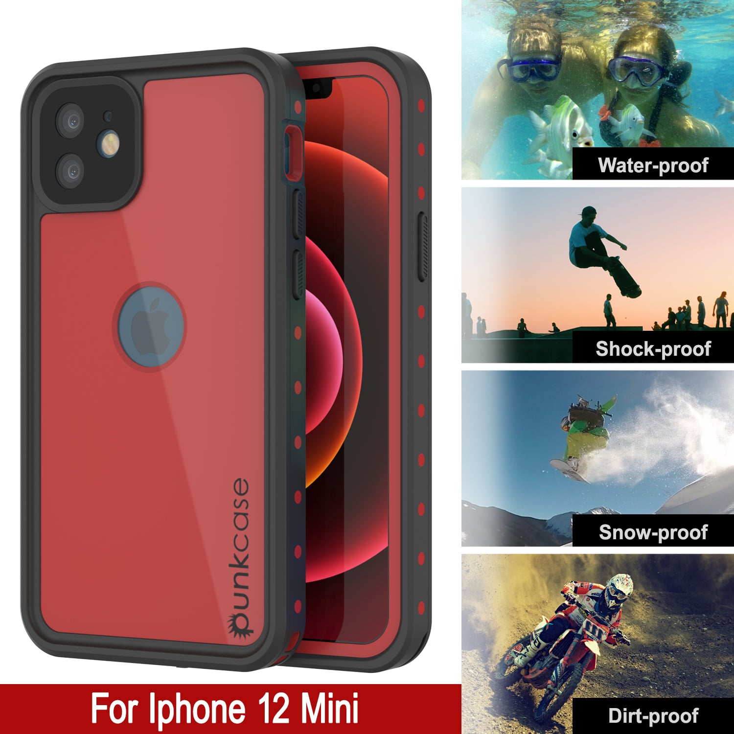 iPhone 12 Mini Waterproof IP68 Case, Punkcase [Red] [StudStar Series] [Slim Fit]