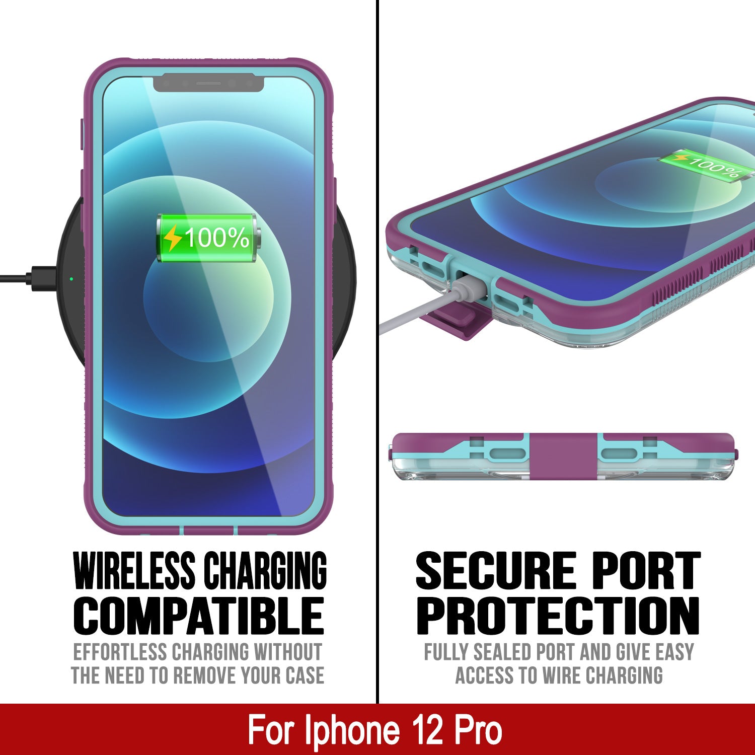 Punkcase iPhone 12 Pro Waterproof Case [Aqua Series] Armor Cover [Clear Purple] [Clear Back]