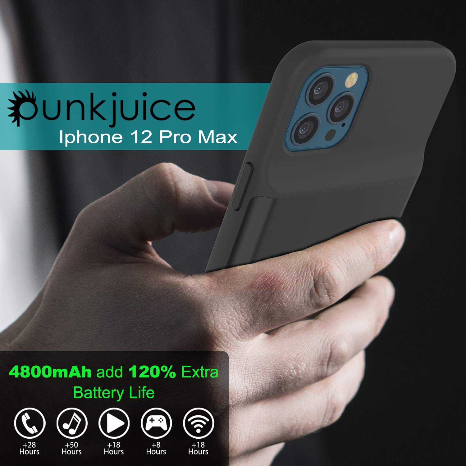 iPhone 12 Pro Max Battery Case, PunkJuice 4800mAH Fast Charging Power Bank  W/ Screen Protector | [Black]