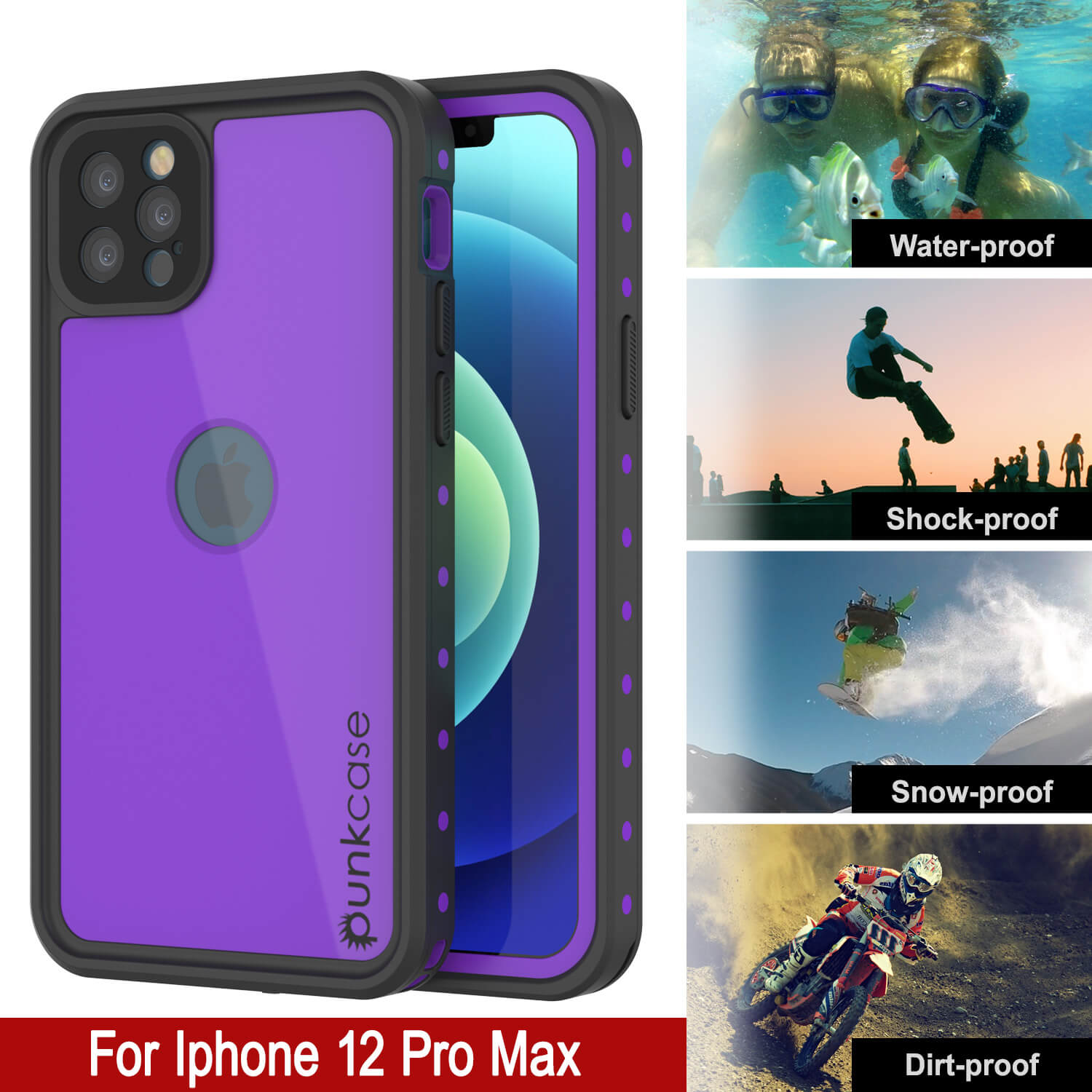 iPhone 12 Pro Max Waterproof IP68 Case, Punkcase [Purple] [StudStar Series] [Slim Fit] [Dirtproof]