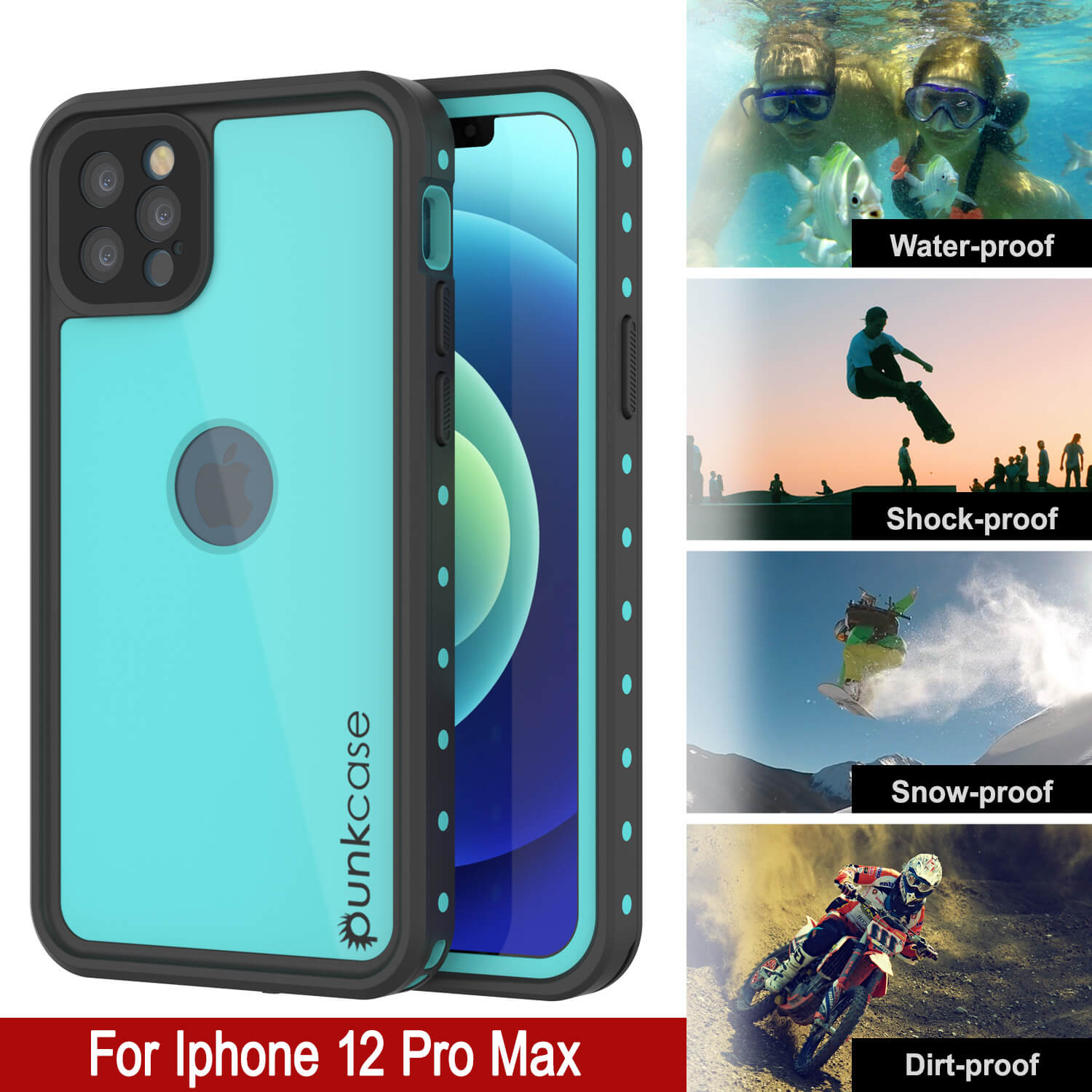 iPhone 12 Pro Max Waterproof IP68 Case, Punkcase [Teal] [StudStar Series] [Slim Fit]