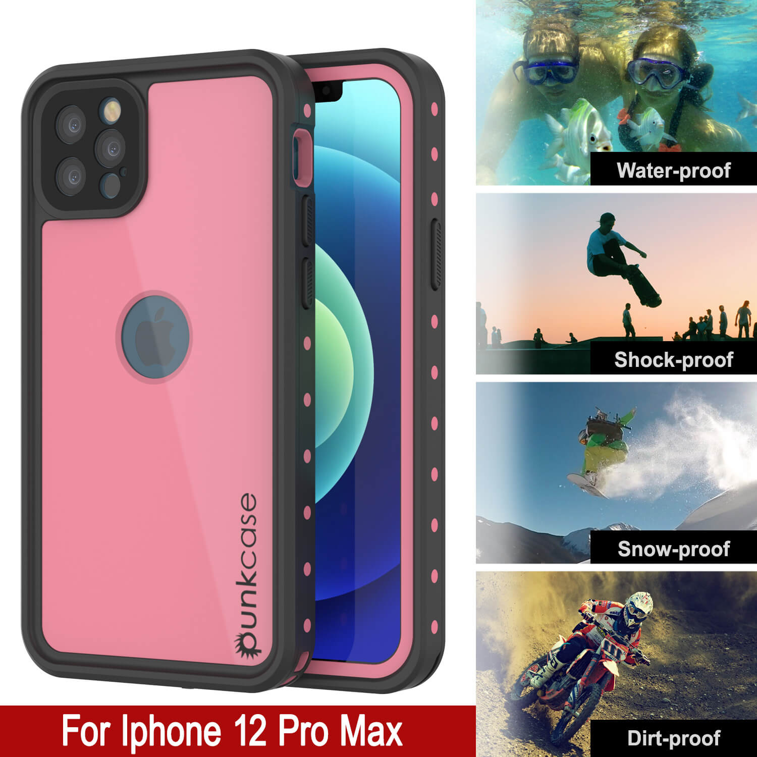 iPhone 12 Pro Max Waterproof IP68 Case, Punkcase [Pink] [StudStar Series] [Slim Fit] [Dirtproof]