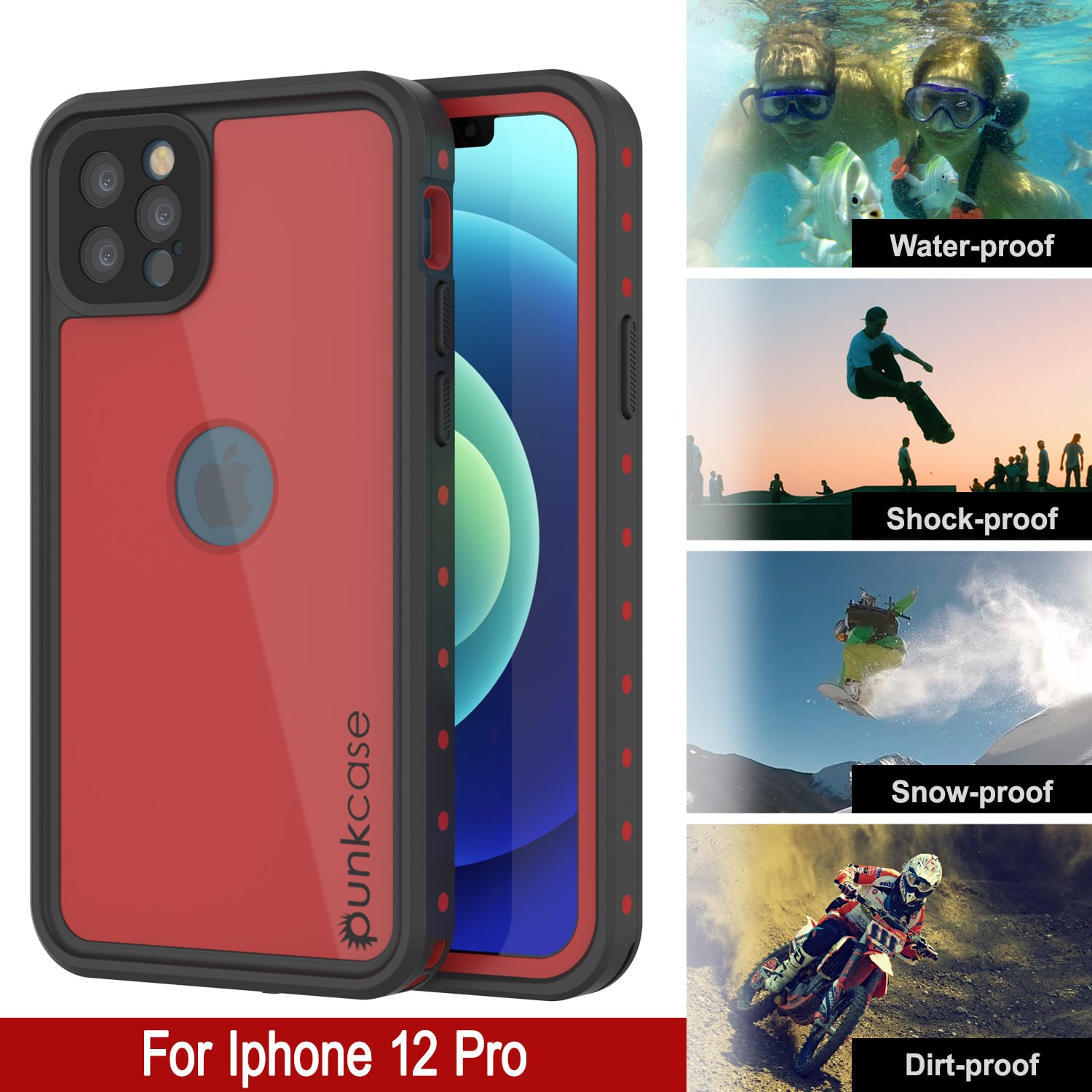 iPhone 12 Pro Waterproof IP68 Case, Punkcase [Red] [StudStar Series] [Slim Fit]