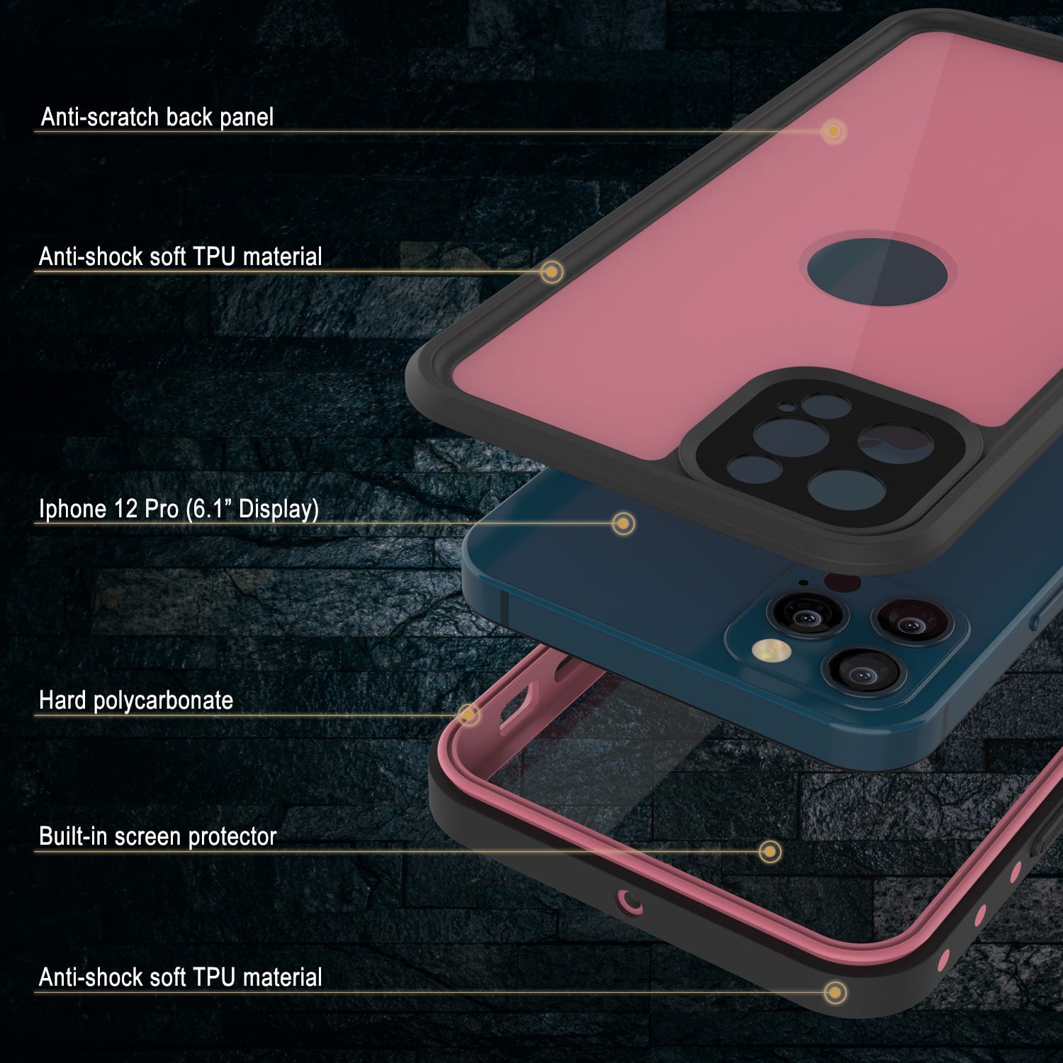 iPhone 12 Pro Waterproof IP68 Case, Punkcase [Pink] [StudStar Series] [Slim Fit] [Dirtproof]