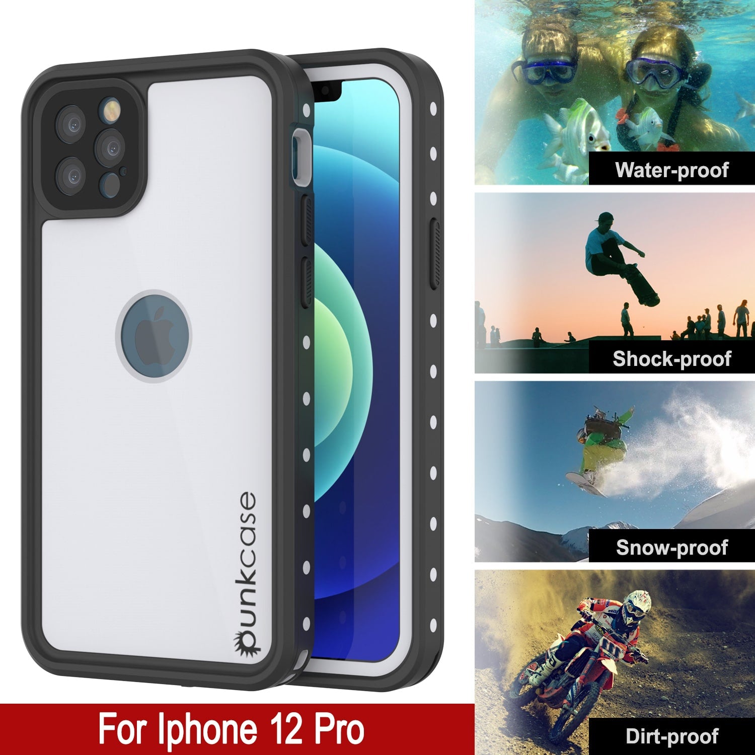 iPhone 12 Pro Waterproof IP68 Case, Punkcase [White] [StudStar Series] [Slim Fit] [Dirtproof]