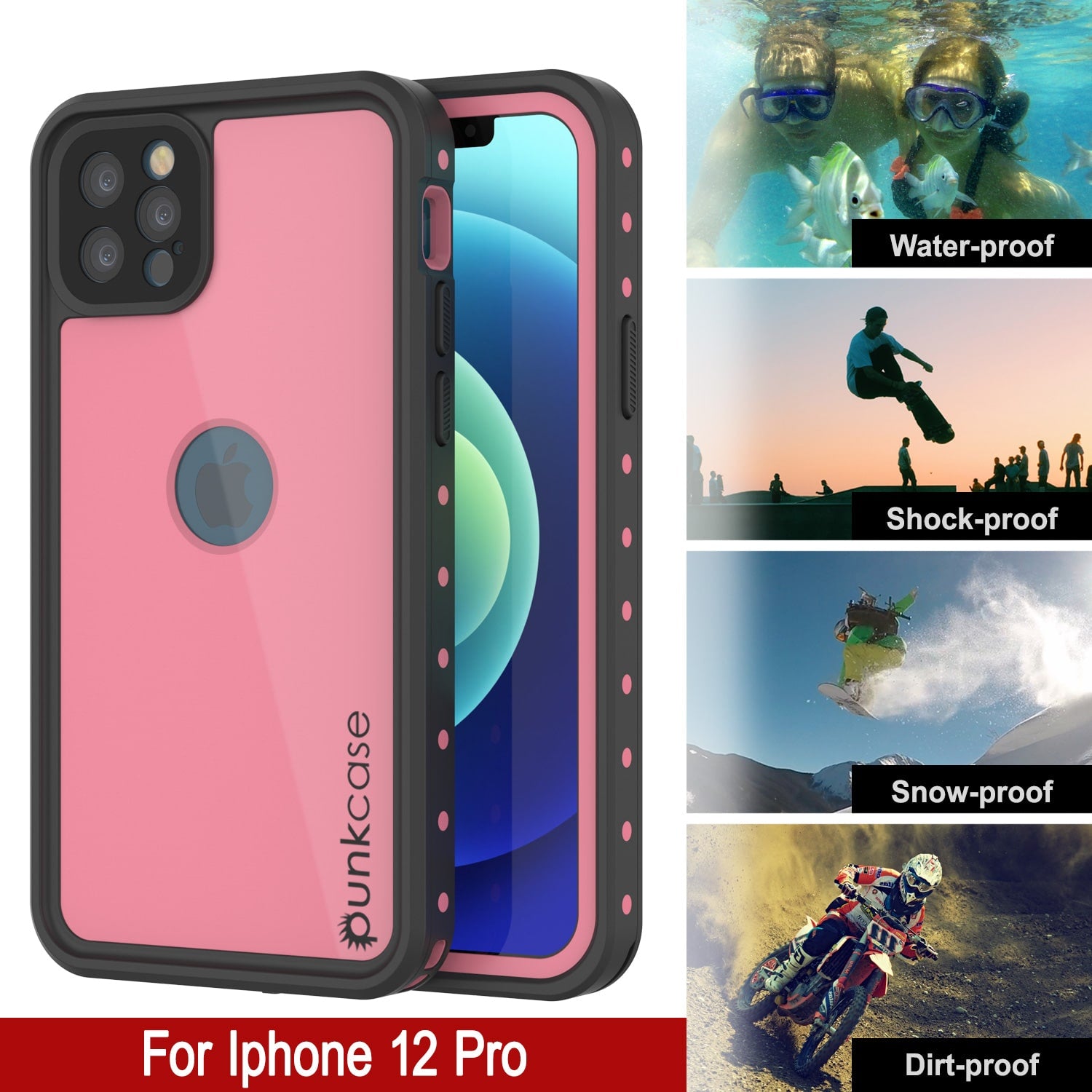 iPhone 12 Pro Waterproof IP68 Case, Punkcase [Pink] [StudStar Series] [Slim Fit] [Dirtproof]