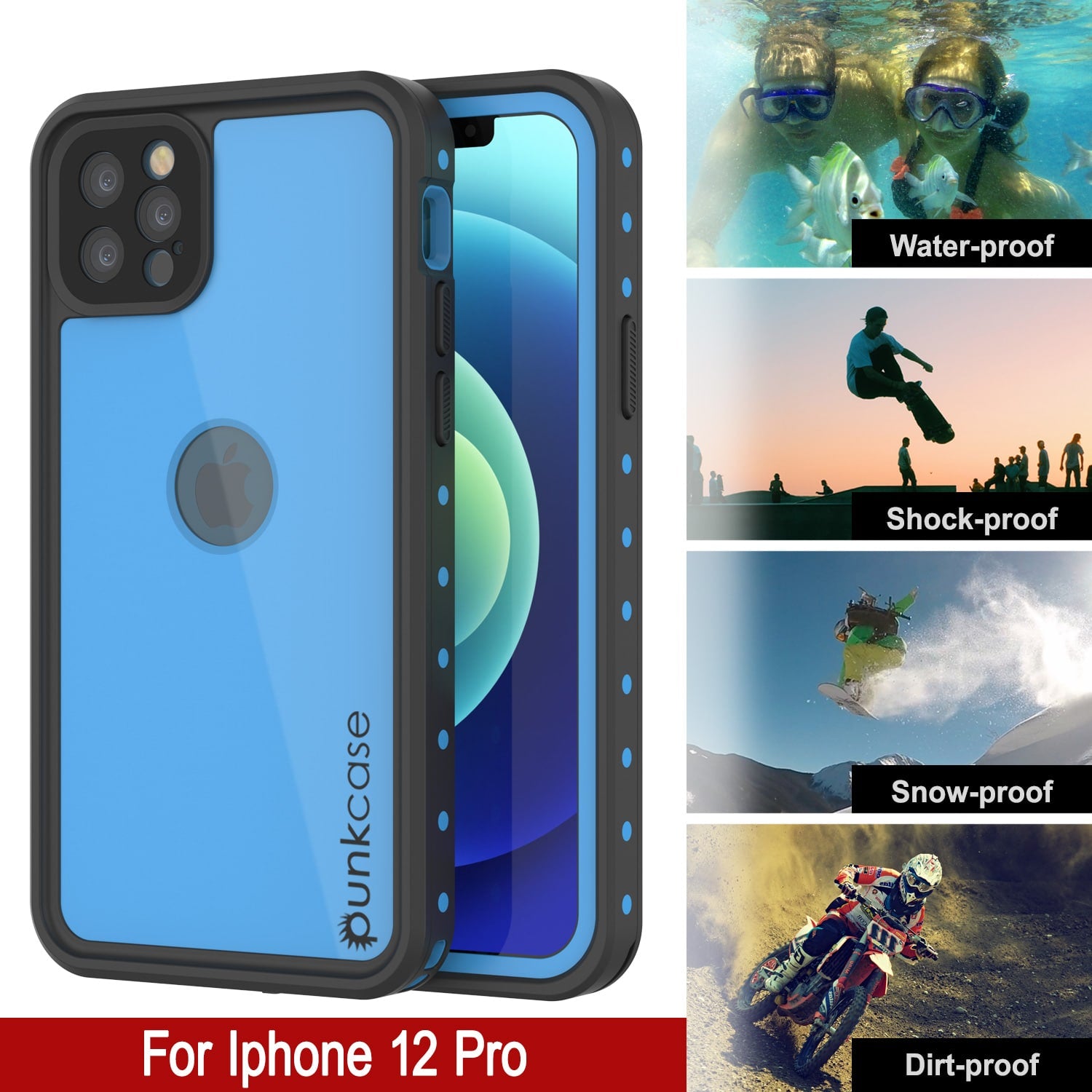 iPhone 12 Pro Waterproof IP68 Case, Punkcase [Light blue] [StudStar Series] [Slim Fit] [Dirtproof]