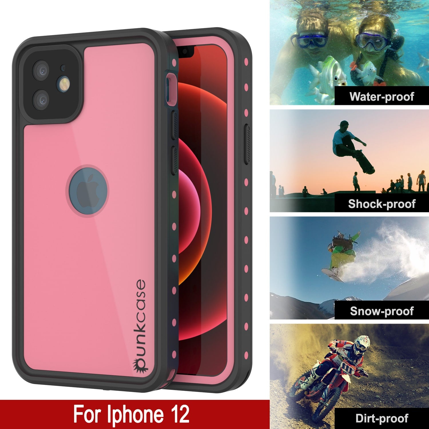 iPhone 12 Waterproof IP68 Case, Punkcase [Pink] [StudStar Series] [Slim Fit] [Dirtproof]