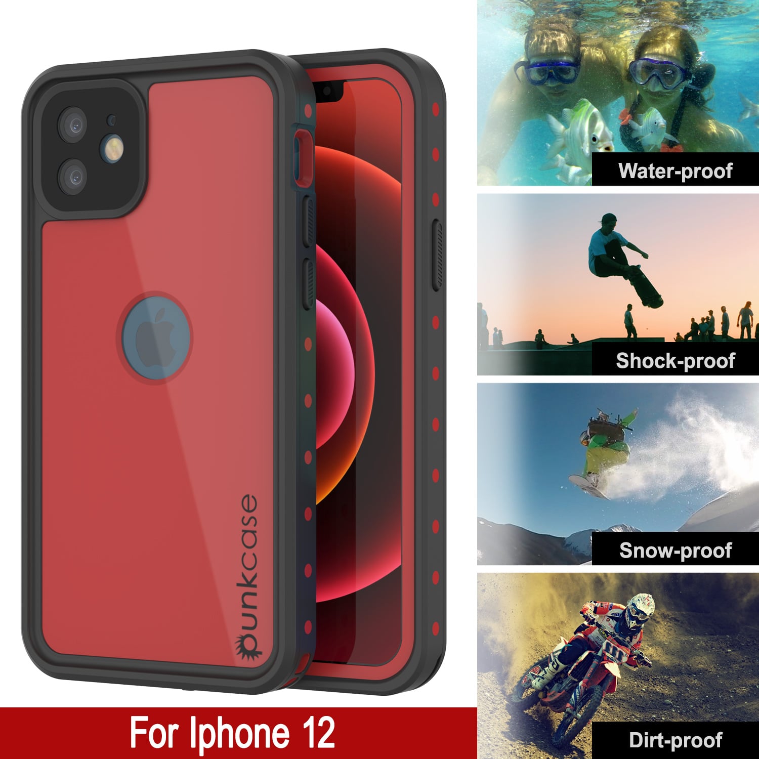 iPhone 12 Waterproof IP68 Case, Punkcase [Red] [StudStar Series] [Slim Fit]