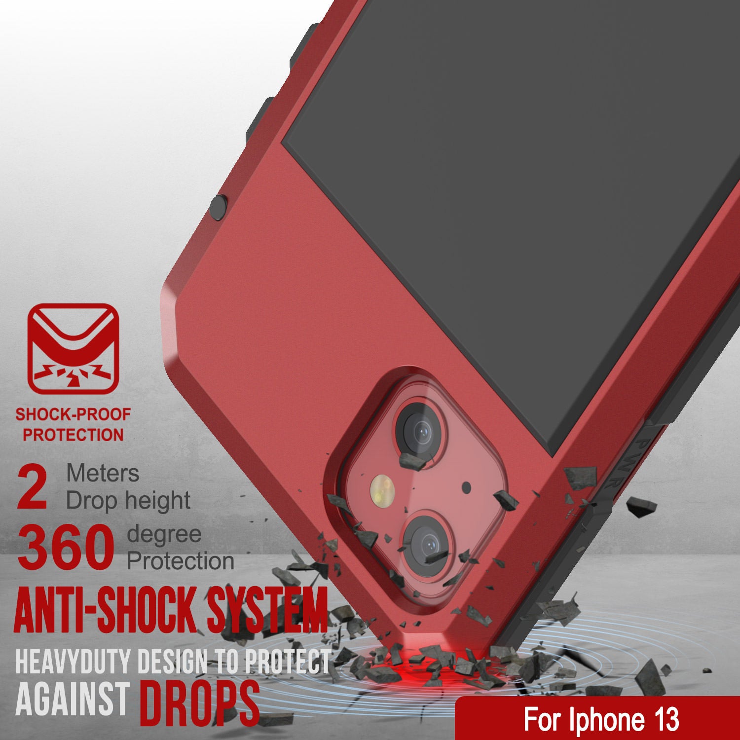 iPhone 13 Metal Case, Heavy Duty Military Grade Armor Cover [shock proof] Full Body Hard [Red]