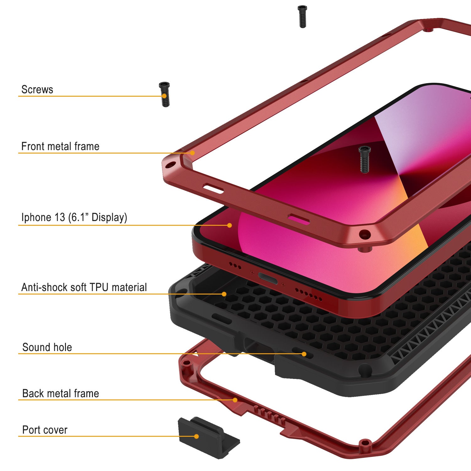 iPhone 13 Metal Case, Heavy Duty Military Grade Armor Cover [shock proof] Full Body Hard [Red]