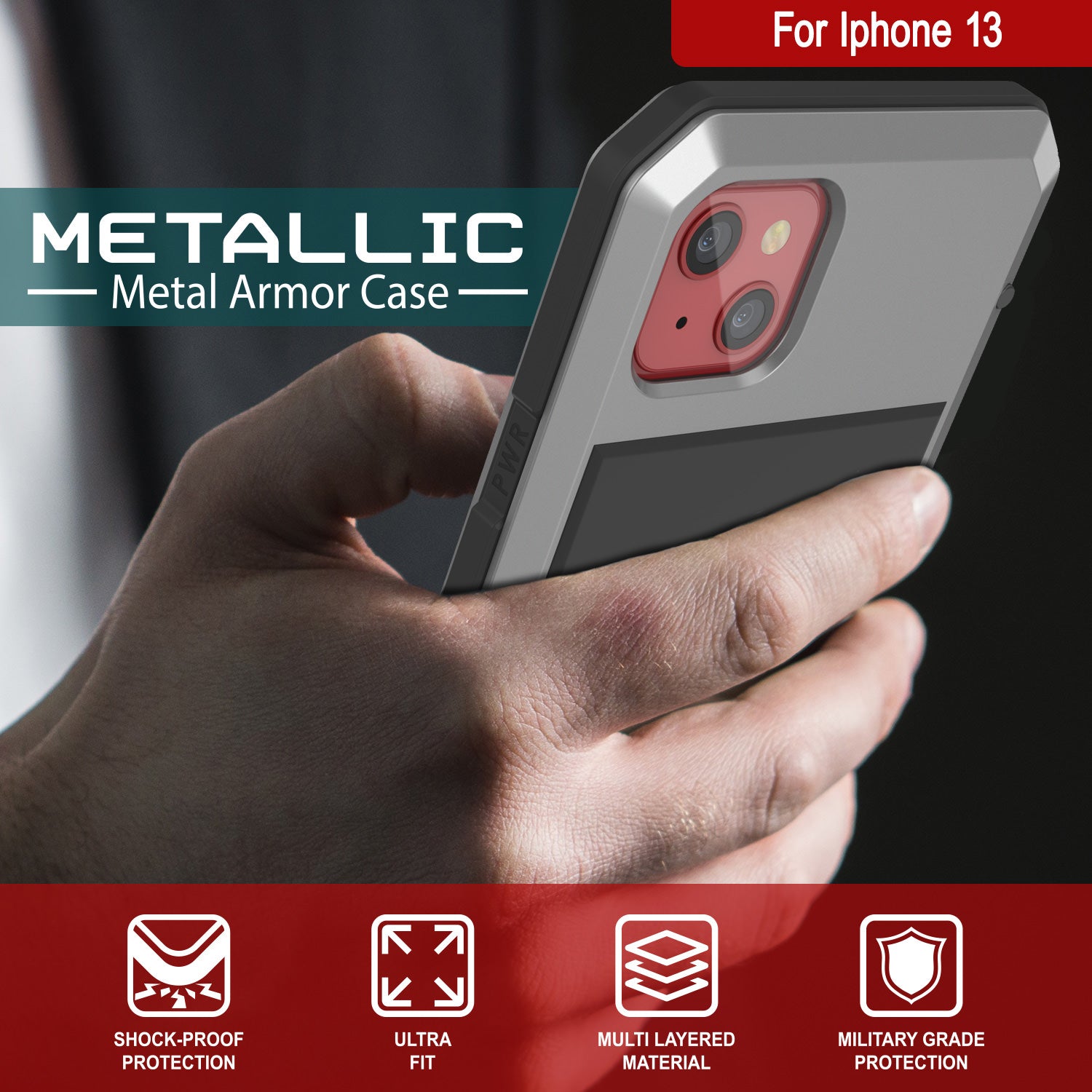 iPhone 13 Metal Case, Heavy Duty Military Grade Armor Cover [shock proof] Full Body Hard [Silver]