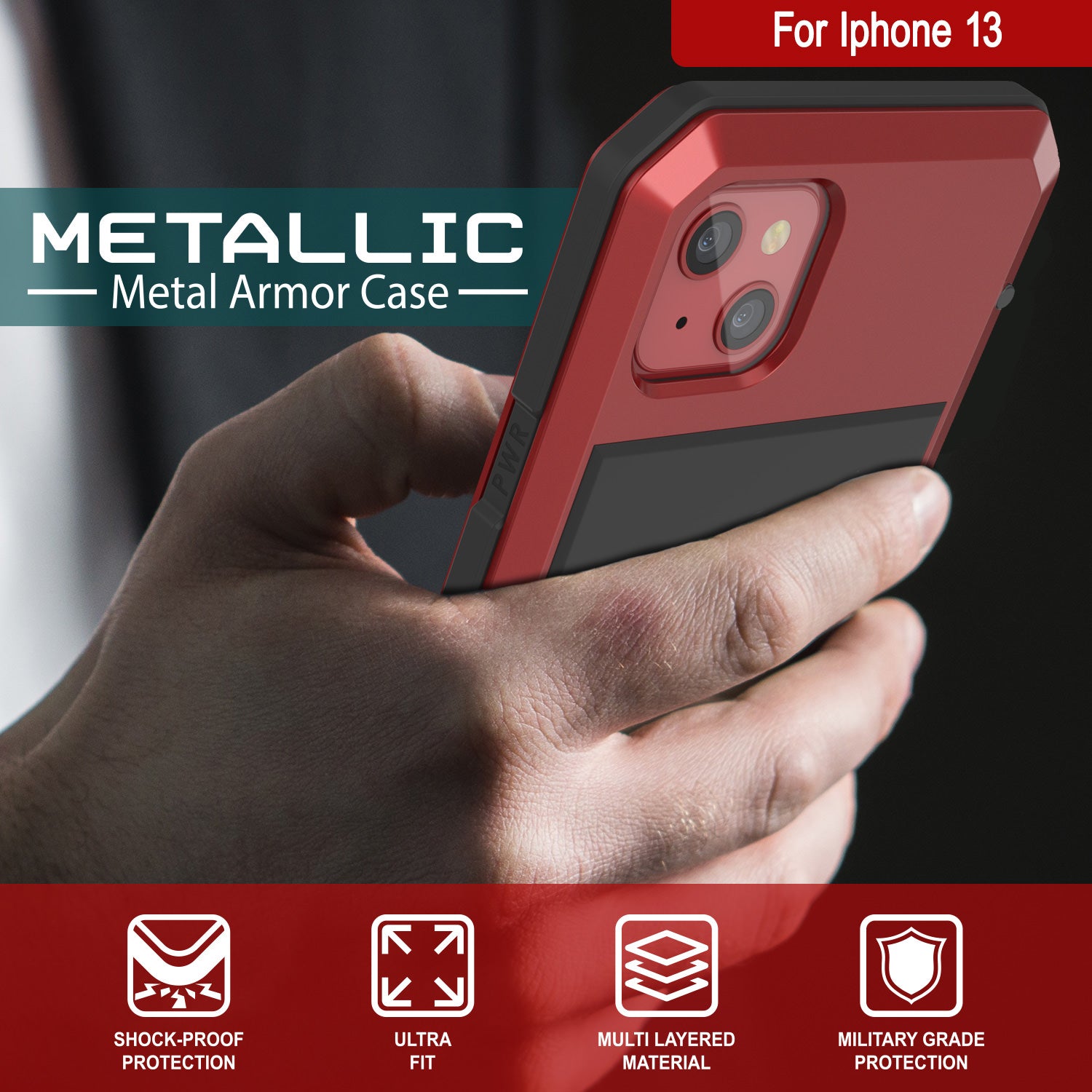 iPhone 13 Metal Case, Heavy Duty Military Grade Armor Cover [shock proof] Full Body Hard [Red]