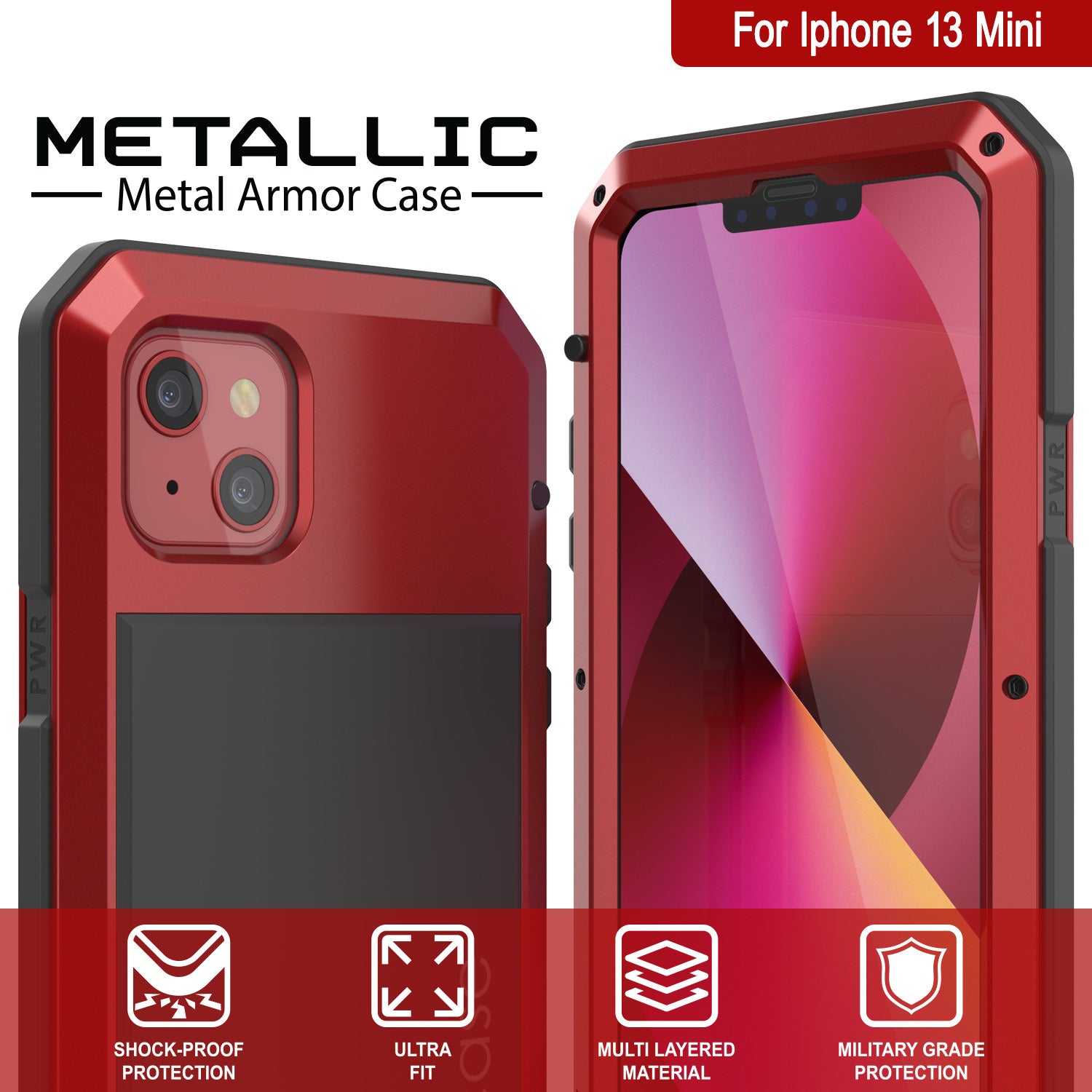 iPhone 13 Mini Metal Case, Heavy Duty Military Grade Armor Cover [shock proof] Full Body Hard [Red]
