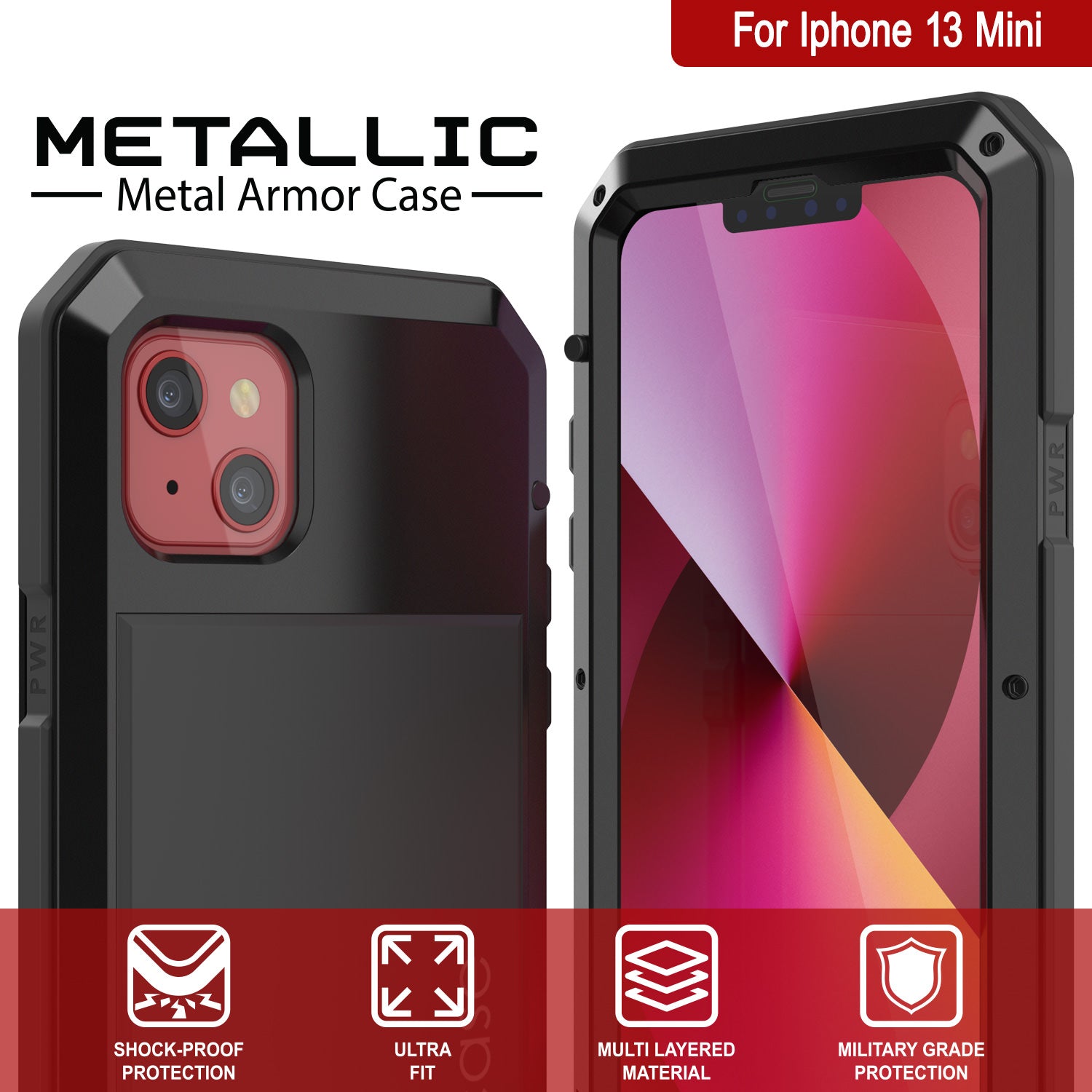 iPhone 13 Mini Metal Case, Heavy Duty Military Grade Armor Cover [shock proof] Full Body Hard [Black]