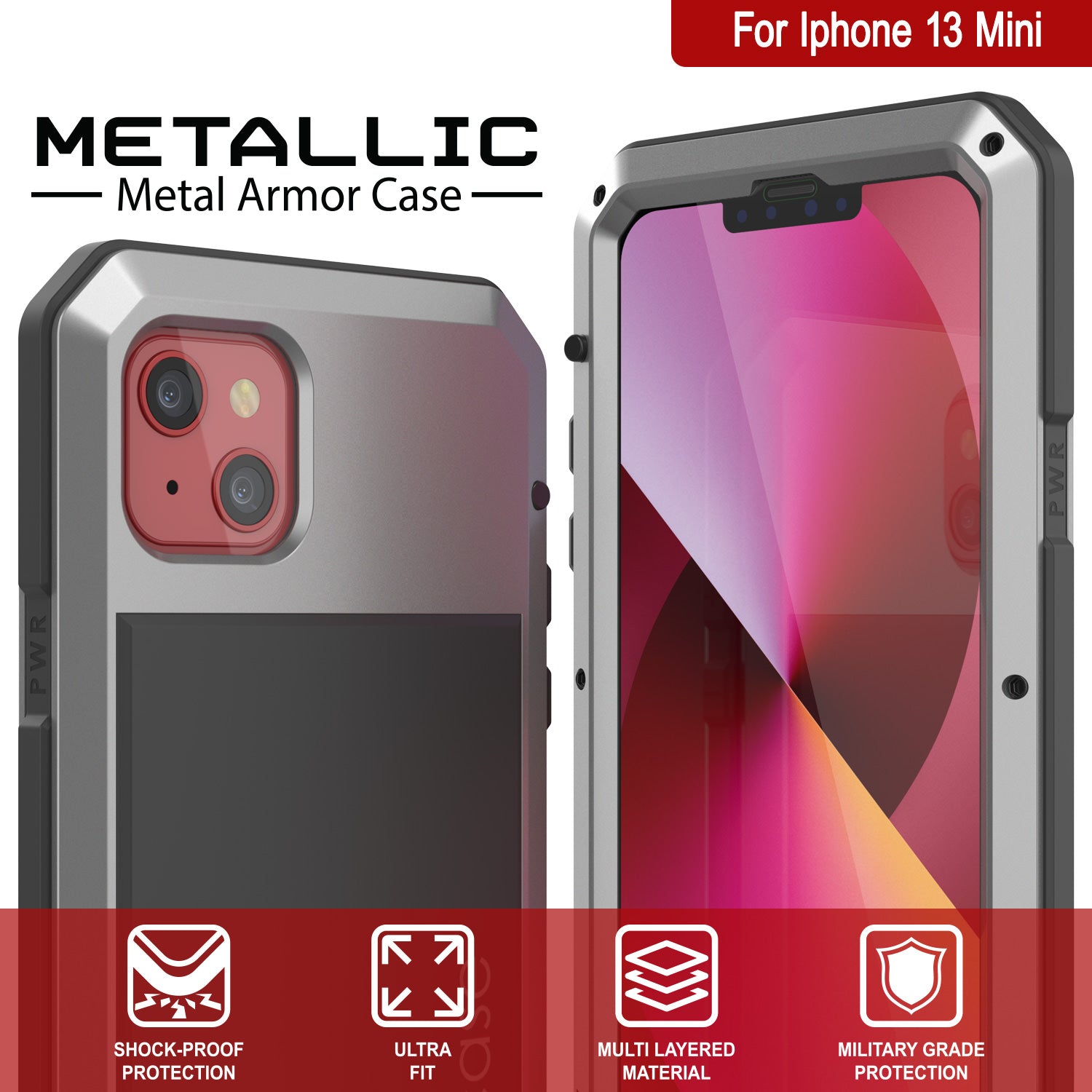 iPhone 13 Mini Metal Case, Heavy Duty Military Grade Armor Cover [shock proof] Full Body Hard [Silver]