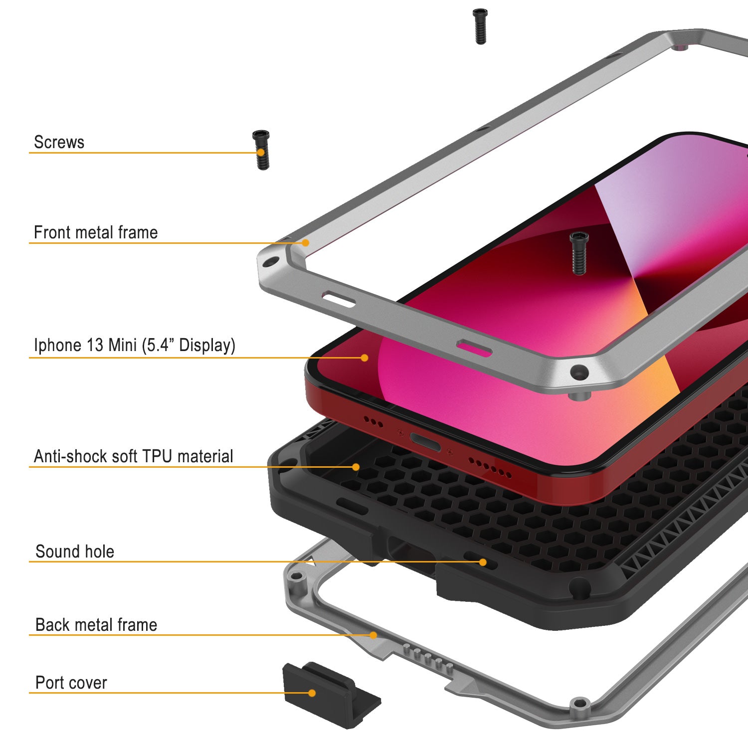 iPhone 13 Mini Metal Case, Heavy Duty Military Grade Armor Cover [shock proof] Full Body Hard [Silver]