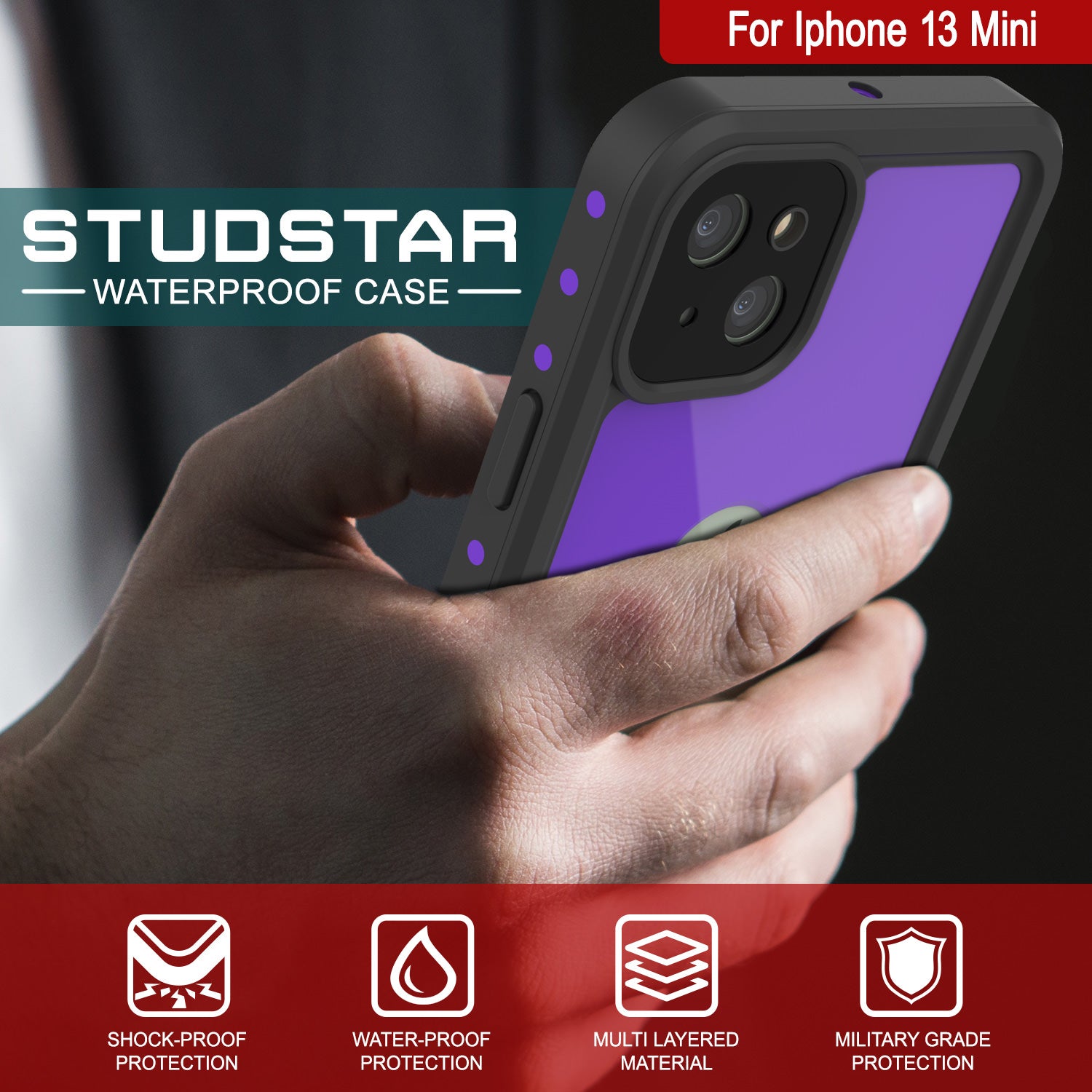 iPhone 13 Mini Waterproof IP68 Case, Punkcase [Purple] [StudStar Series] [Slim Fit] [Dirtproof]