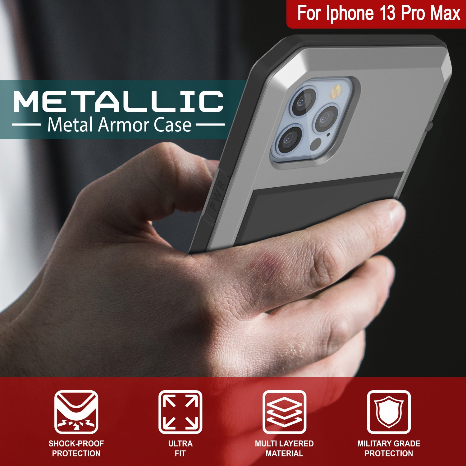 iPhone 13 Pro Max Metal Case, Heavy Duty Military Grade Armor Cover [shock proof] Full Body Hard [Silver]