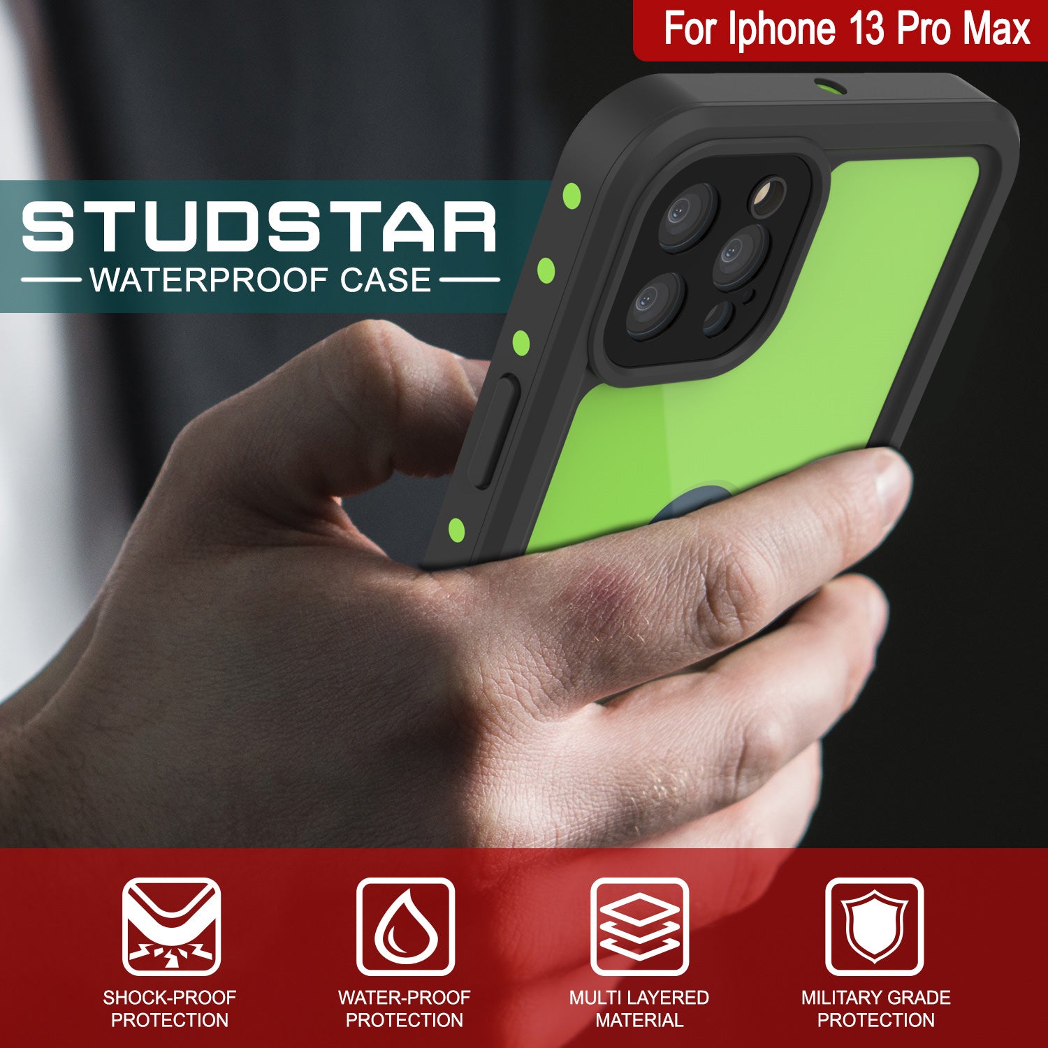iPhone 13 Pro Max Waterproof IP68 Case, Punkcase [Light green] [StudStar Series] [Slim Fit] [Dirtproof]