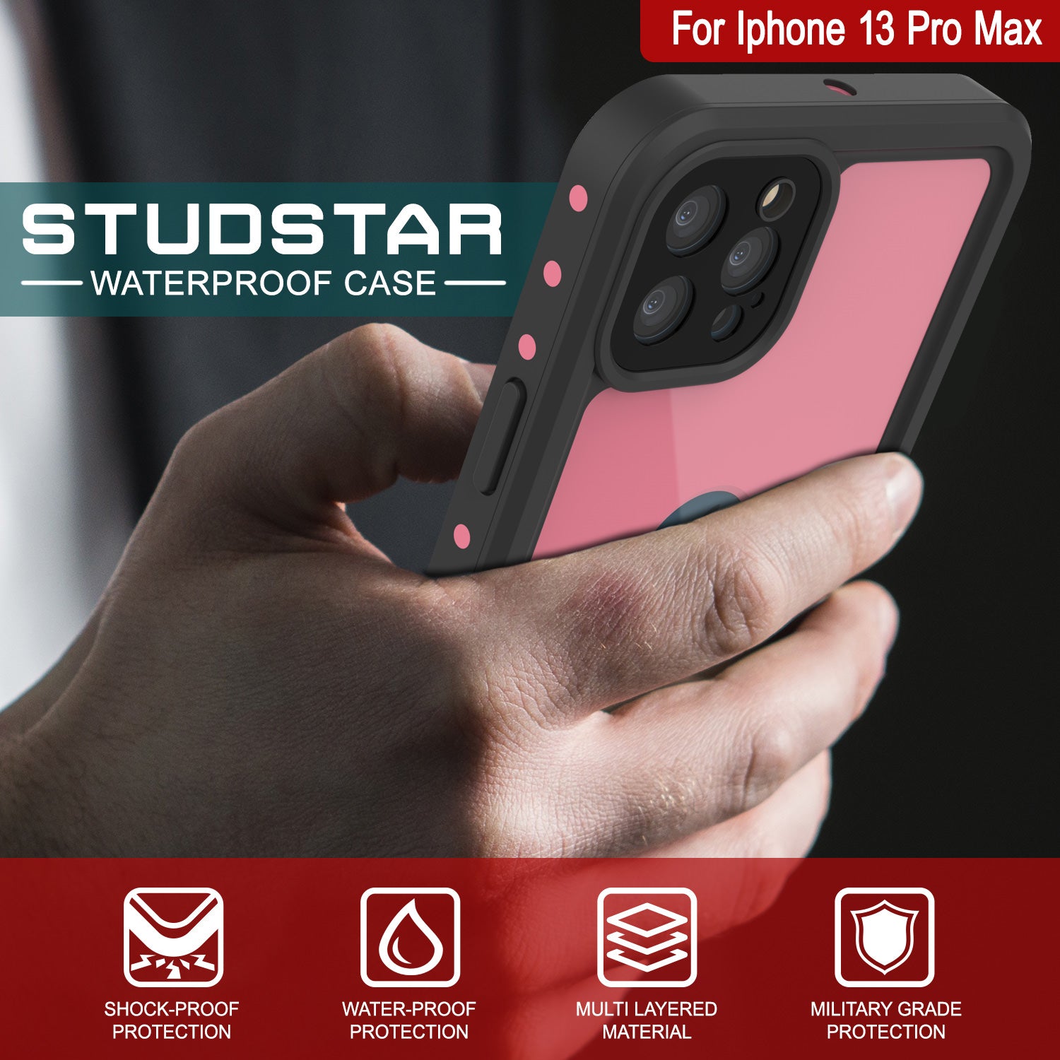 iPhone 13 Pro Max Waterproof IP68 Case, Punkcase [Pink] [StudStar Series] [Slim Fit] [Dirtproof]