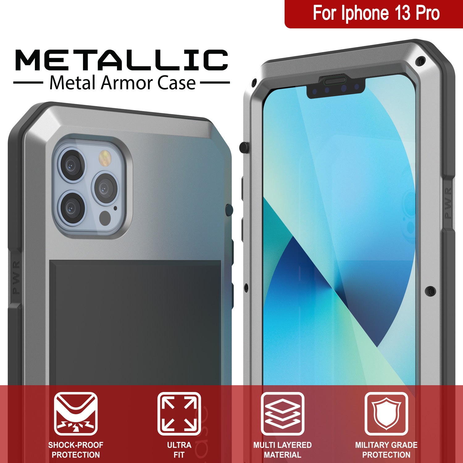 iPhone 13 Pro Metal Case, Heavy Duty Military Grade Armor Cover [shock proof] Full Body Hard [Silver]