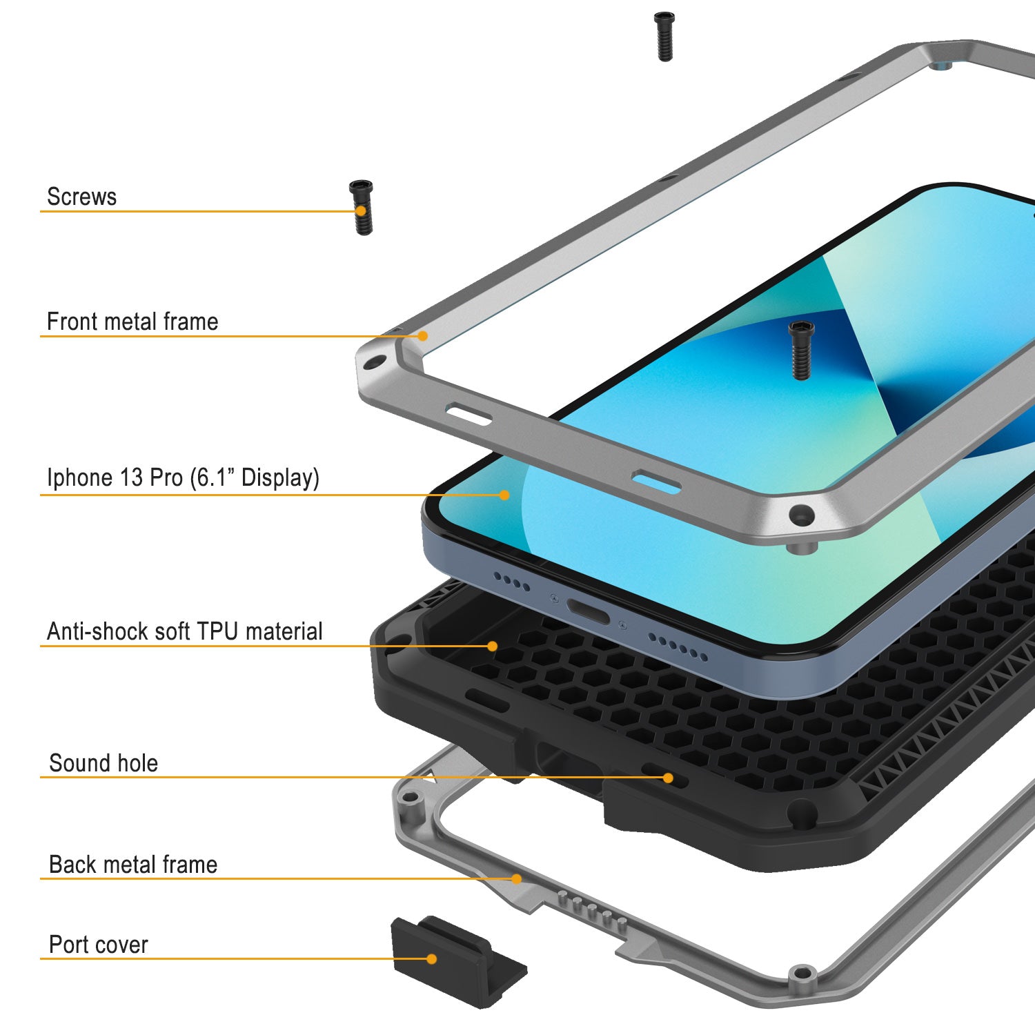 iPhone 13 Pro Metal Case, Heavy Duty Military Grade Armor Cover [shock proof] Full Body Hard [Silver]