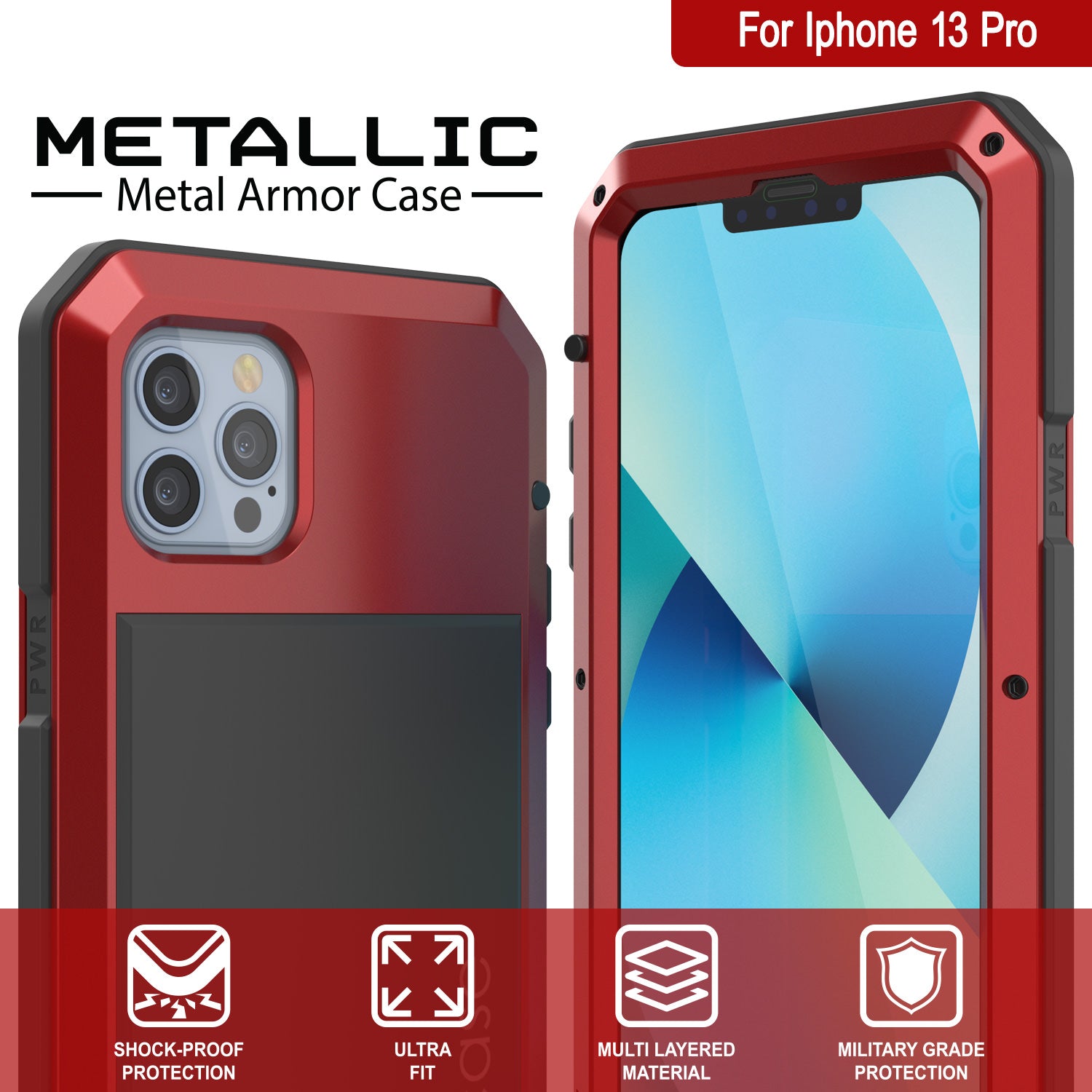 iPhone 13 Pro Metal Case, Heavy Duty Military Grade Armor Cover [shock proof] Full Body Hard [Red]