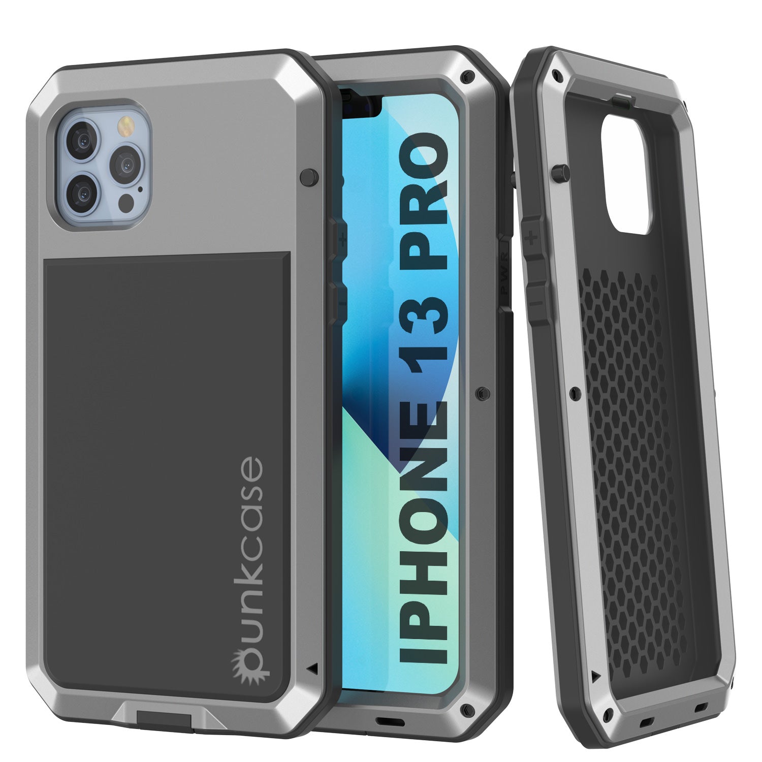 iPhone 13 Pro Metal Case, Heavy Duty Military Grade Armor Cover [shock proof] Full Body Hard [Silver]
