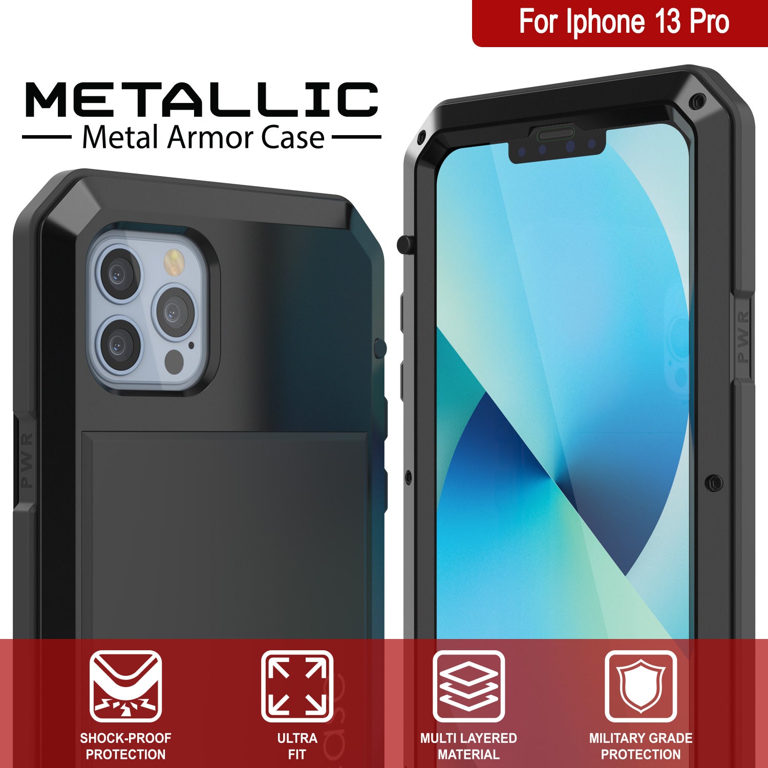 iPhone 13 Pro Metal Case, Heavy Duty Military Grade Armor Cover [shock proof] Full Body Hard [Black]