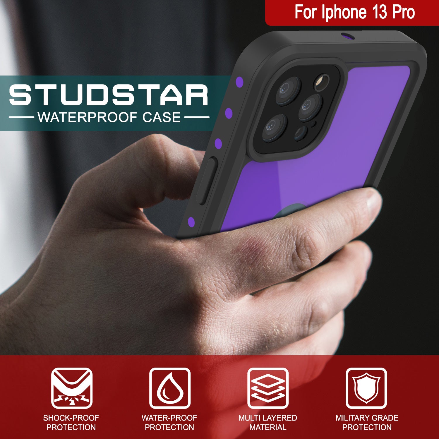 iPhone 13 Pro Waterproof IP68 Case, Punkcase [Purple] [StudStar Series] [Slim Fit] [Dirtproof]