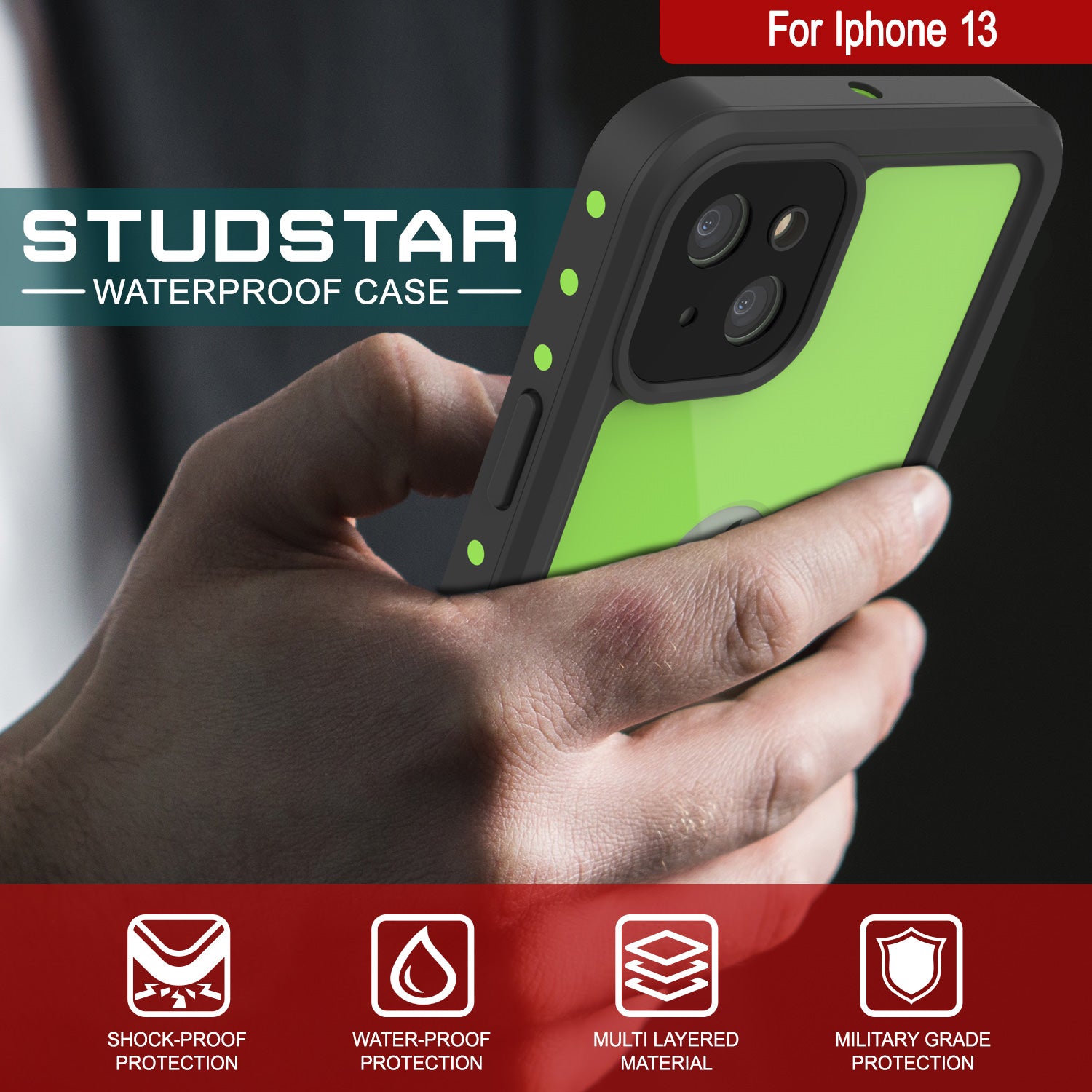 iPhone 13 Waterproof IP68 Case, Punkcase [Light green] [StudStar Series] [Slim Fit] [Dirtproof]