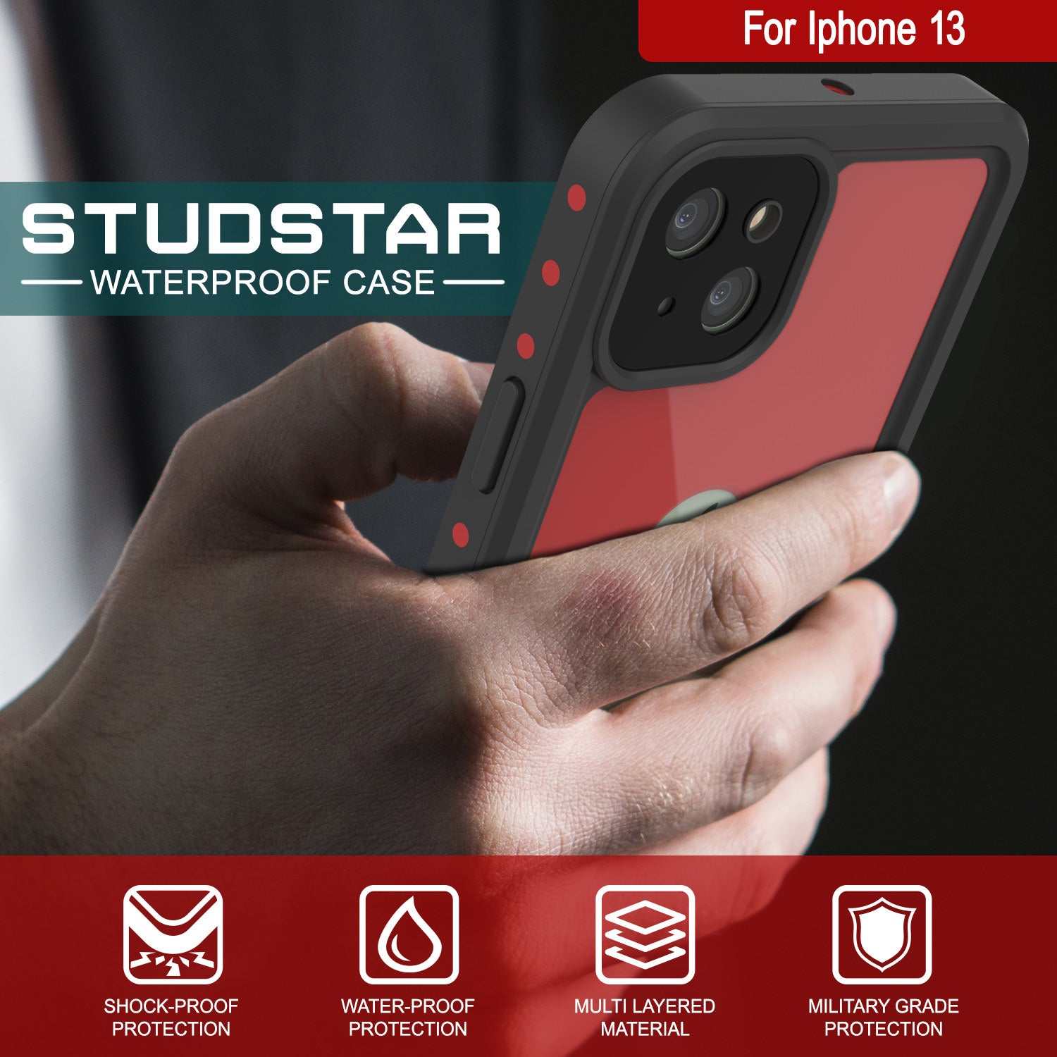 iPhone 13 Waterproof IP68 Case, Punkcase [Red] [StudStar Series] [Slim Fit]