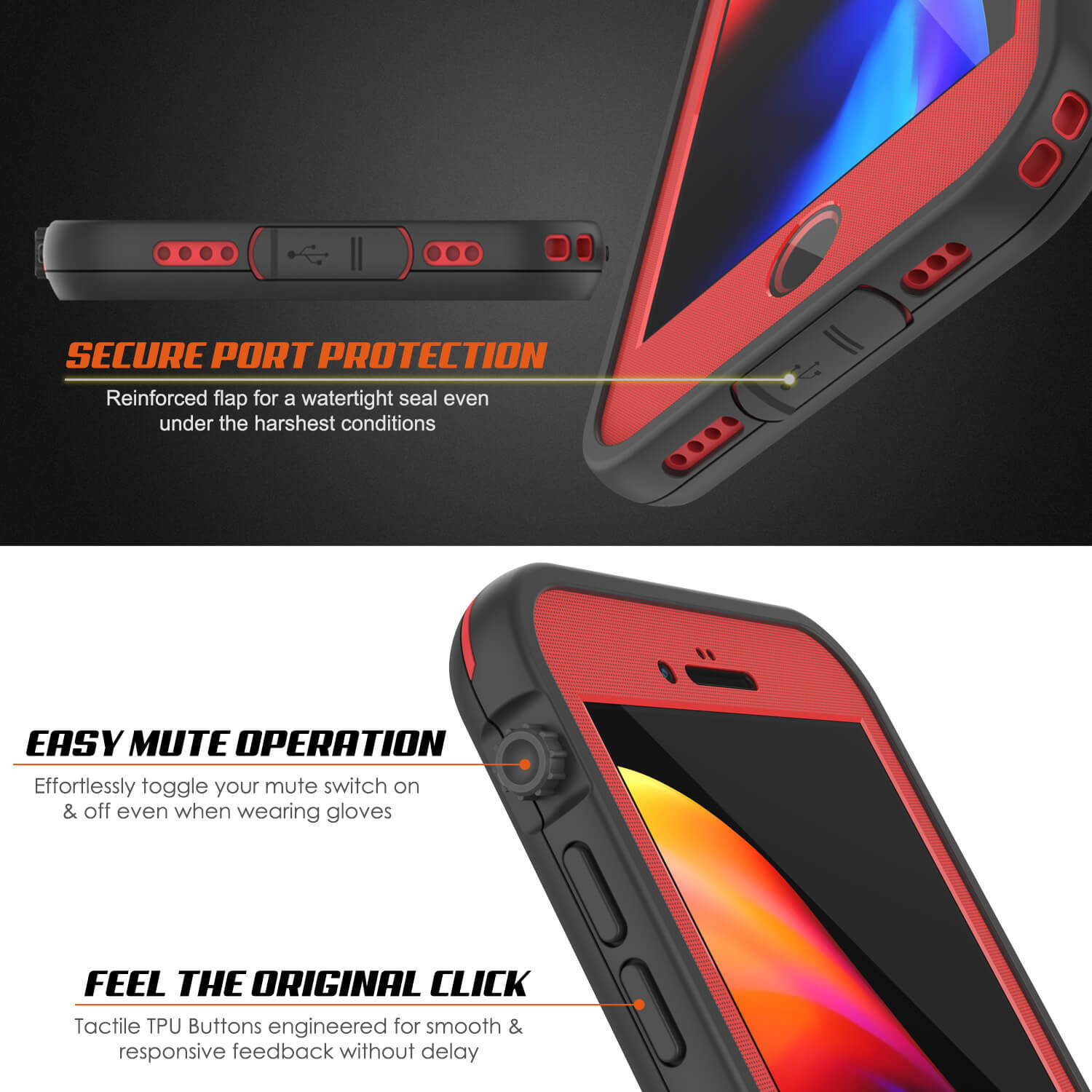 iPhone 8 Waterproof Case, Punkcase SpikeStar Red Series | Thin Fit 6.6ft Underwater IP68