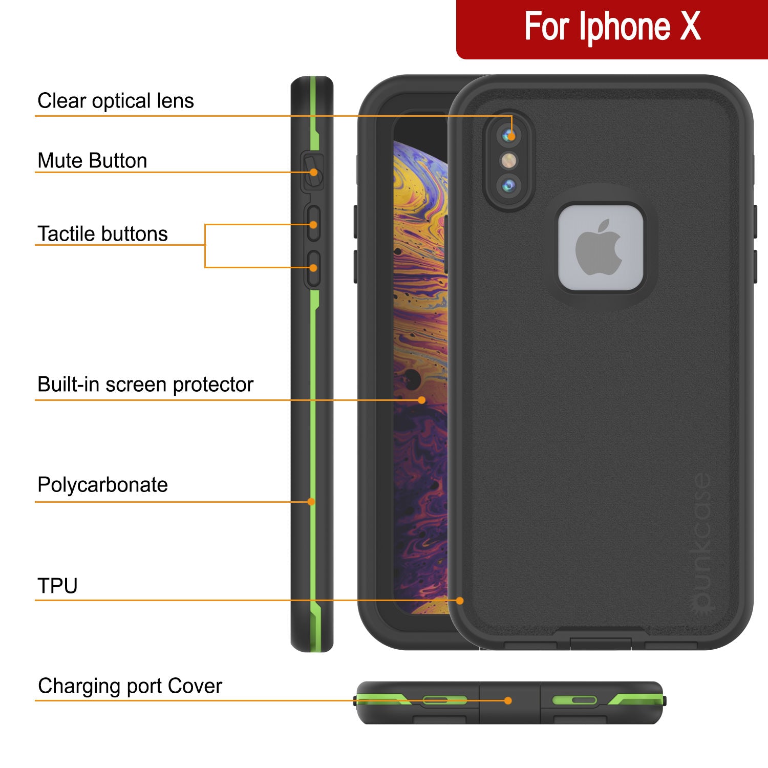 Punkcase iPhone X Waterproof Case [Aqua Series] Armor Cover [Black]